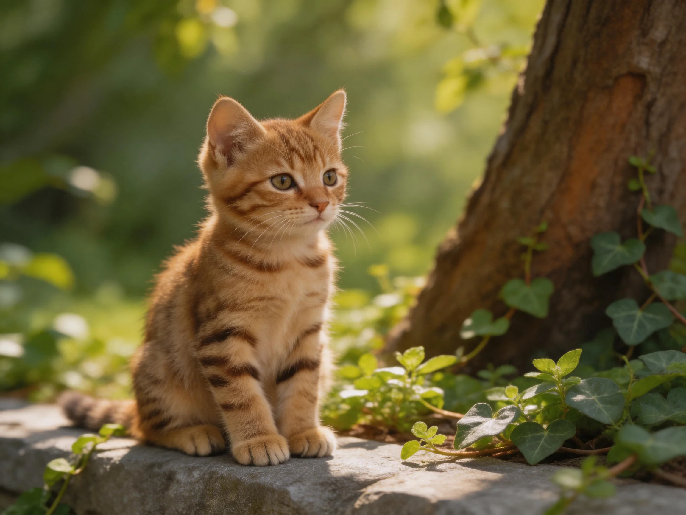 A small orange tabby kitten sits near a tree trunk in a sunlit outdoor setting.