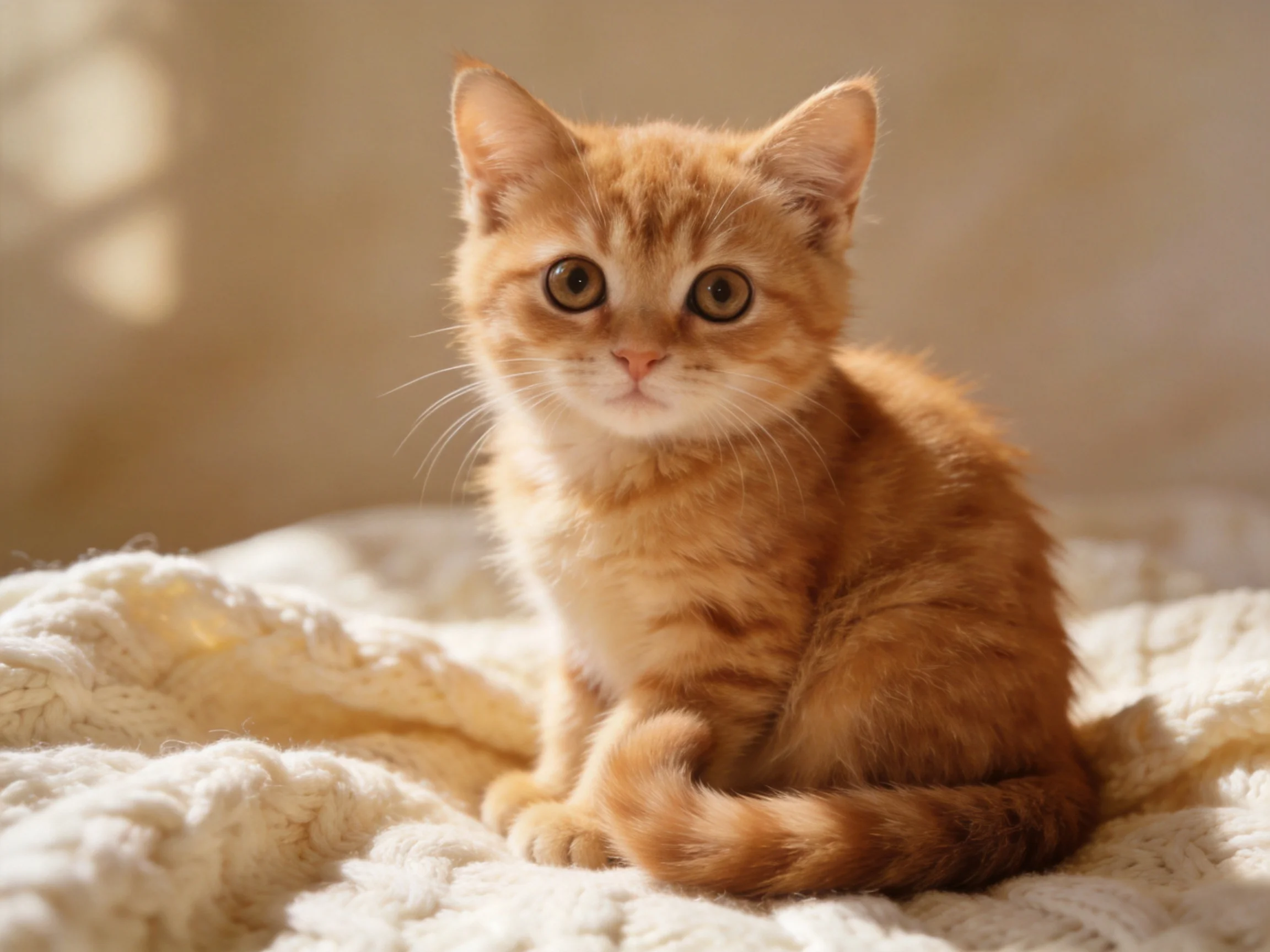 A small orange tabby kitten sits calmly on a soft cream blanket