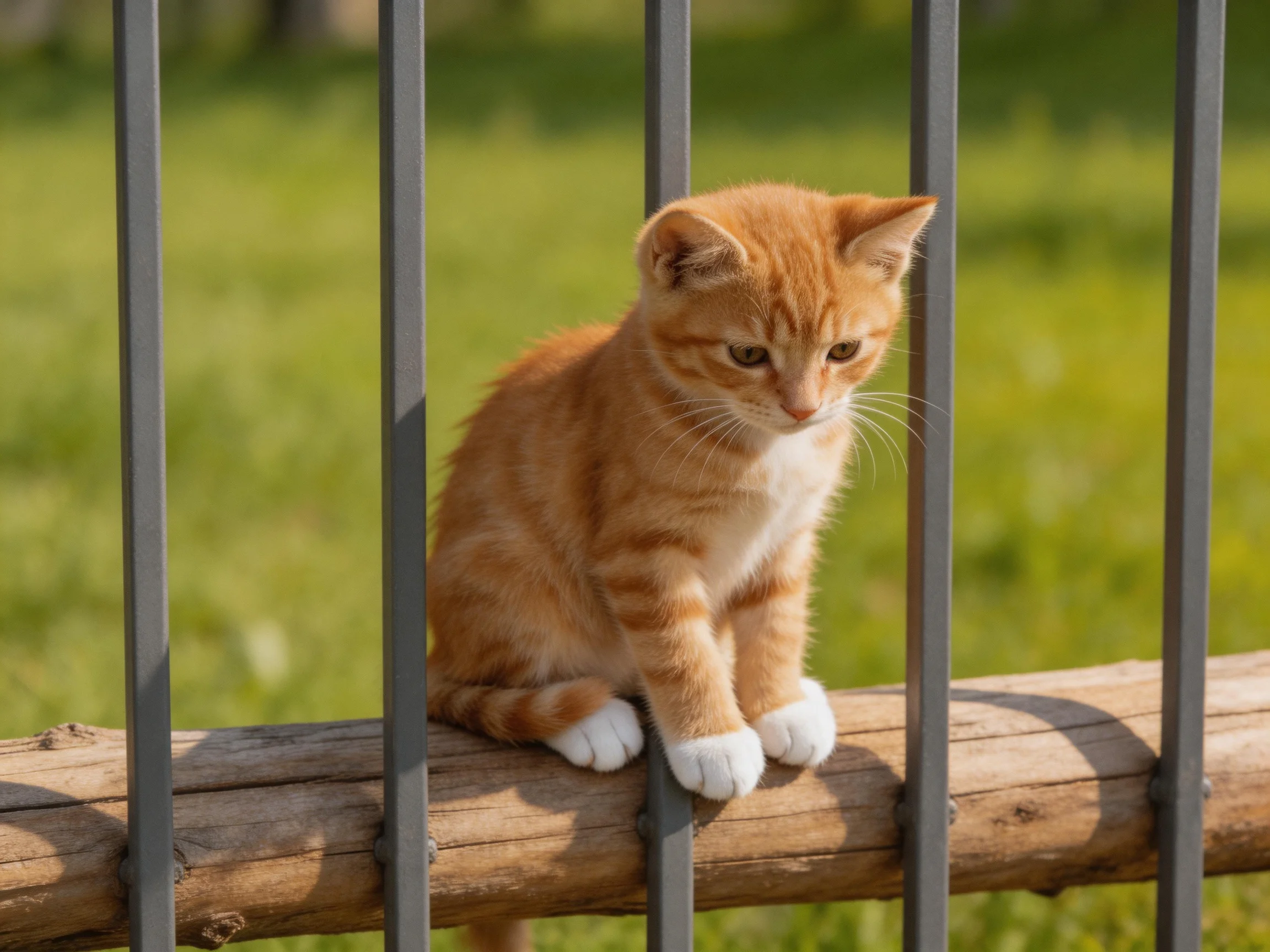 An orange tabby kitten sits on a wooden log behind metal bars
