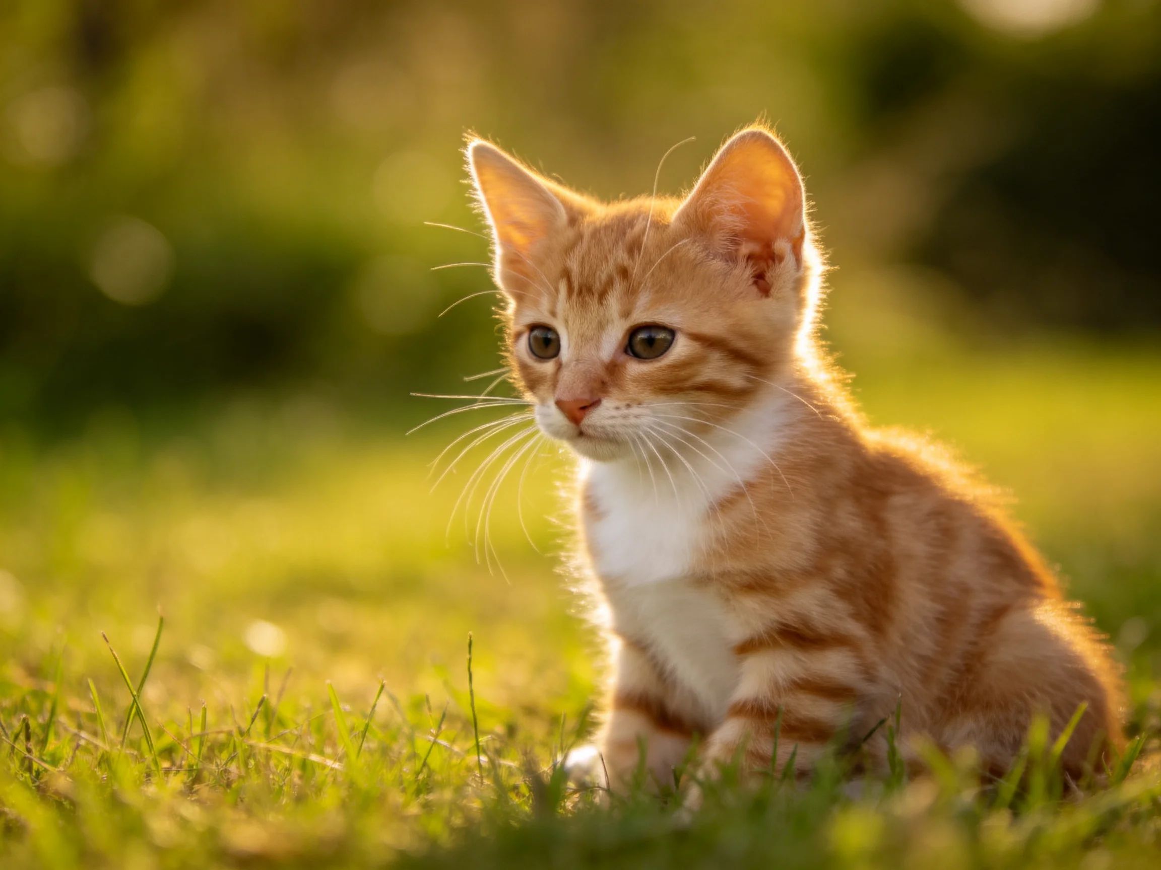 A small orange tabby kitten sits on green grass in a sunlit area.