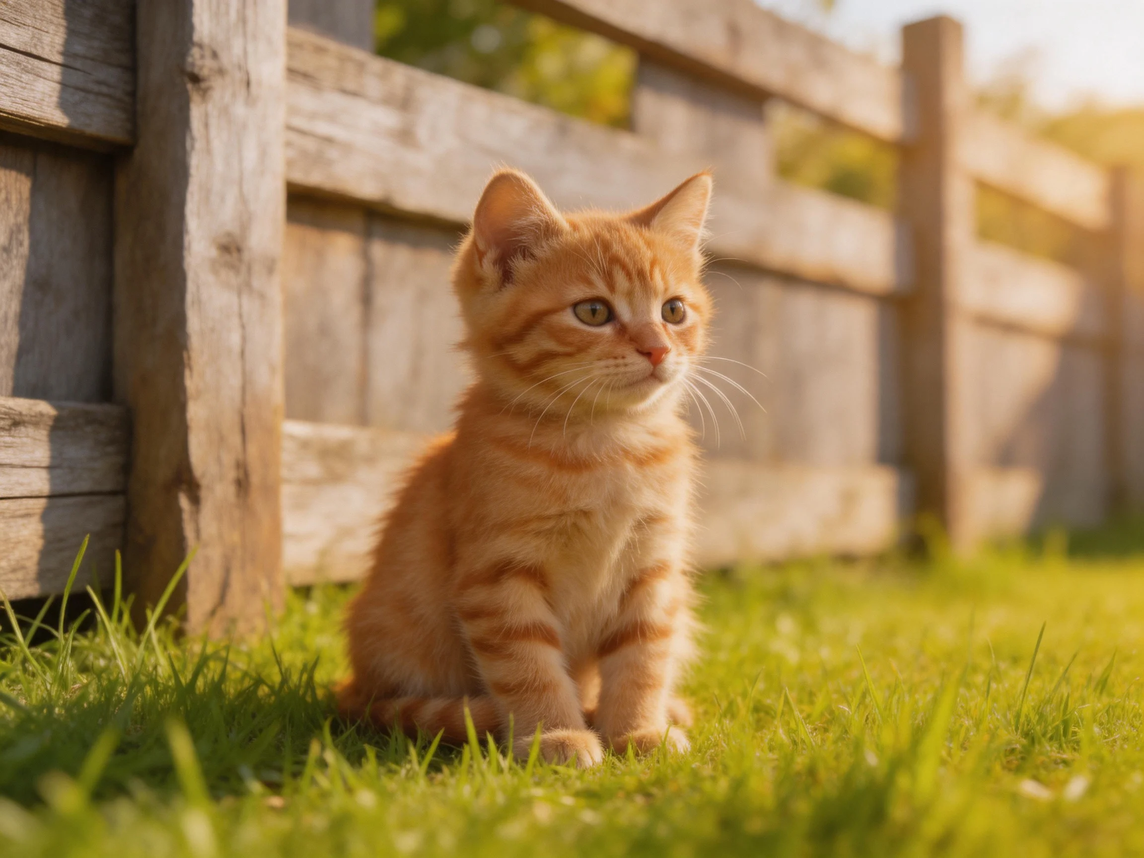 A small orange tabby kitten sitting near a weathered wooden fence on lush green grass