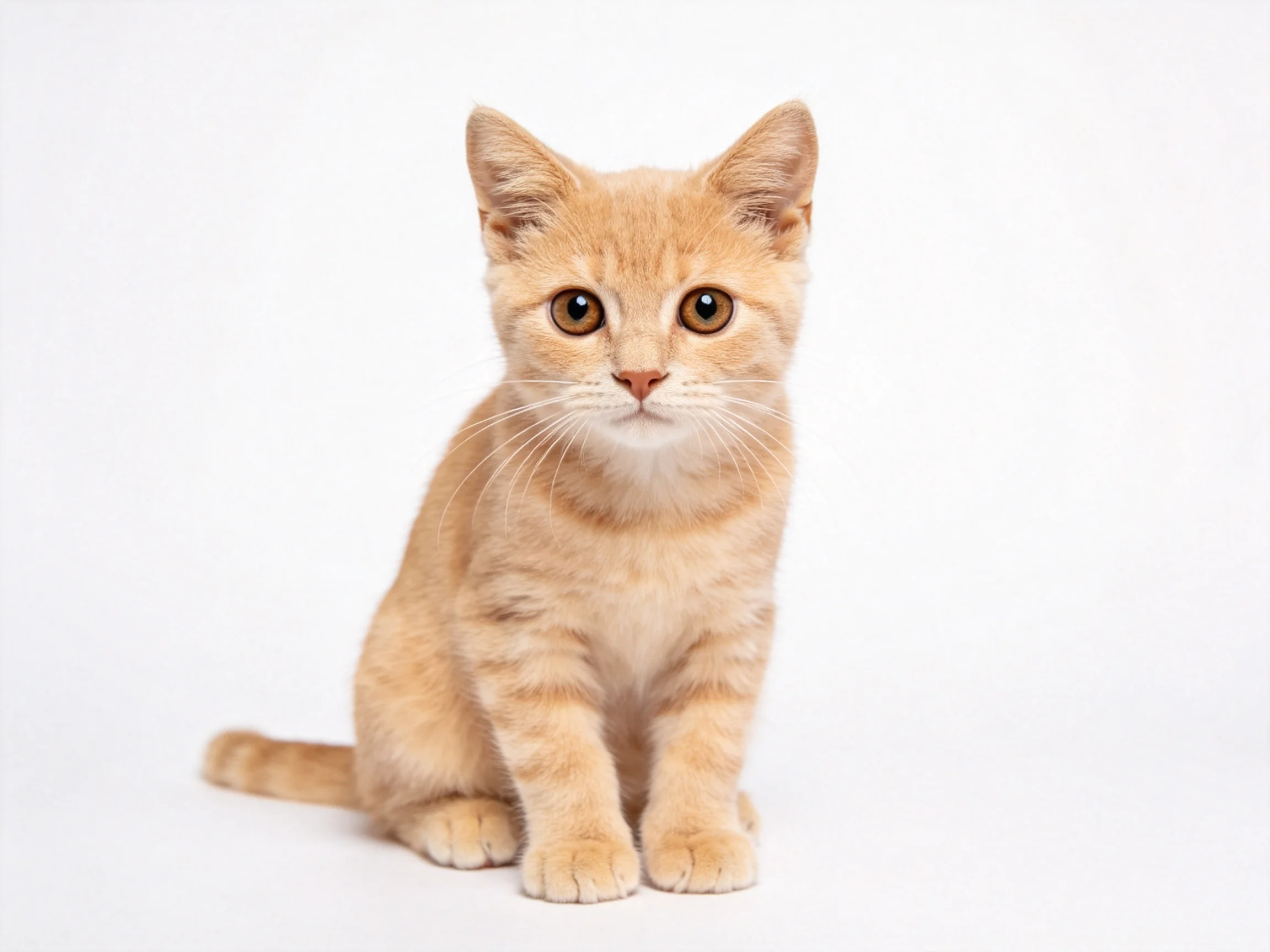 A small orange tabby kitten sitting on a white surface