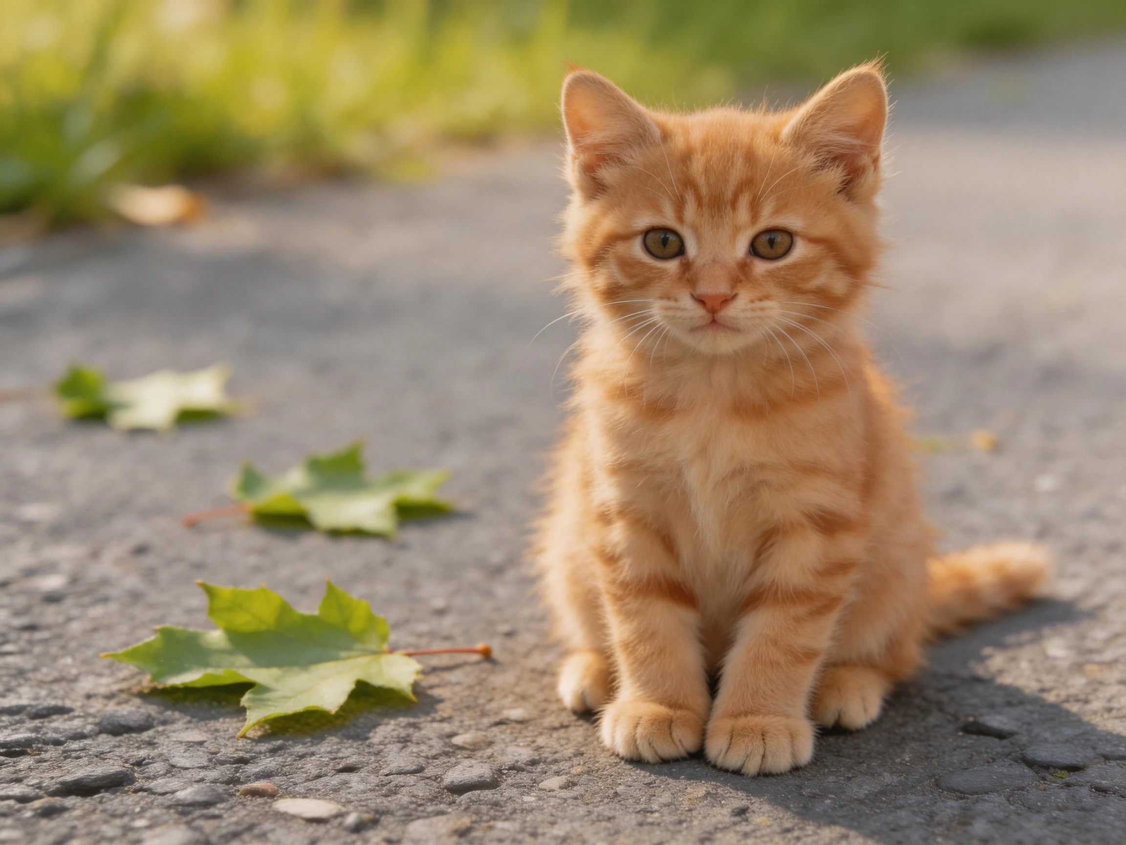 A small orange tabby kitten sitting on pavement near green maple leaves