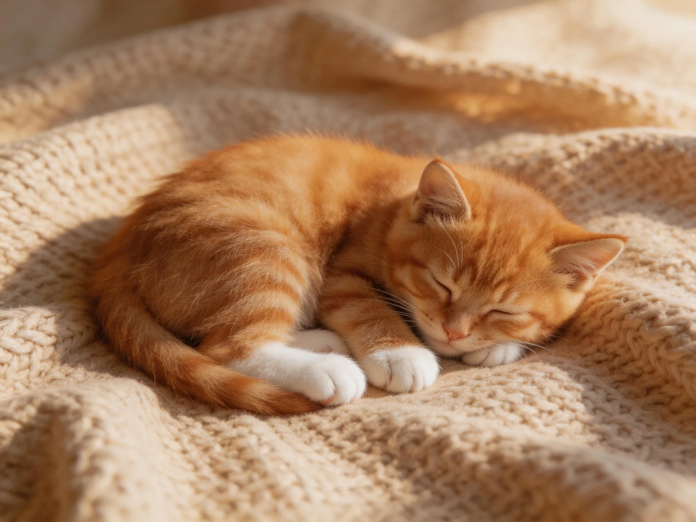 A small orange tabby kitten sleeps on a beige knitted blanket
