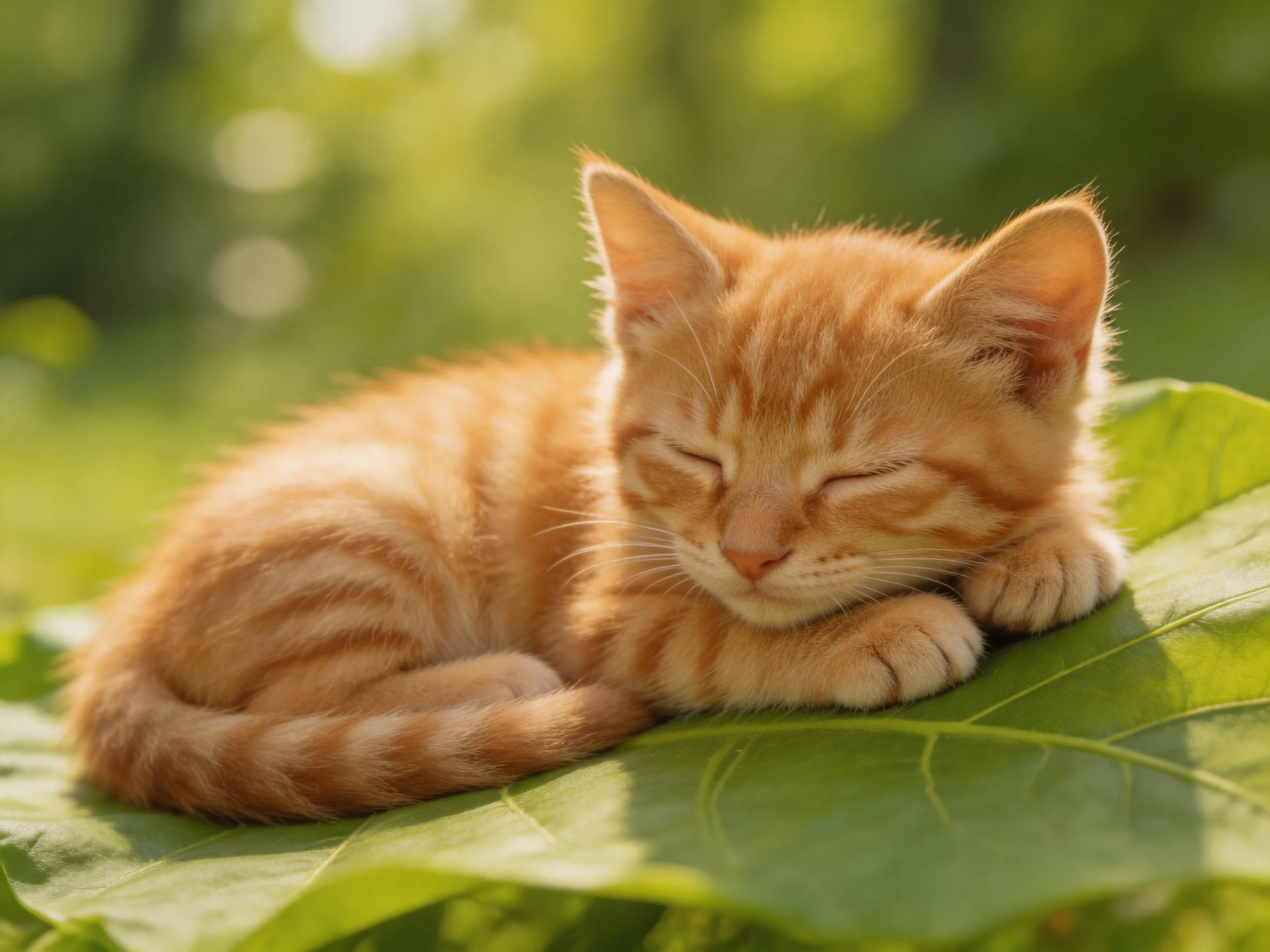 A small orange tabby kitten sleeps on a large green leaf