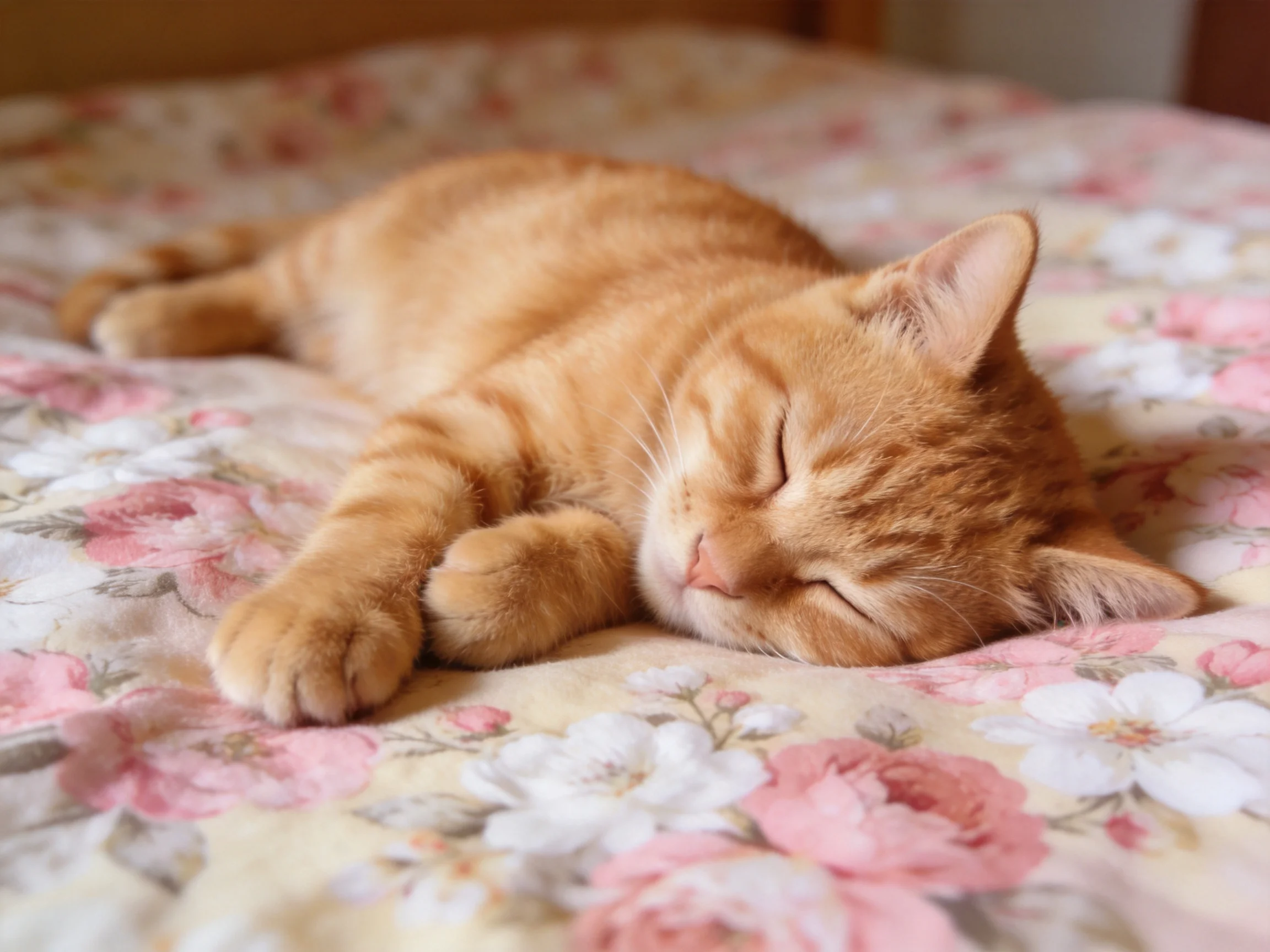 A small orange tabby kitten sleeps on a pink-flowered bedspread