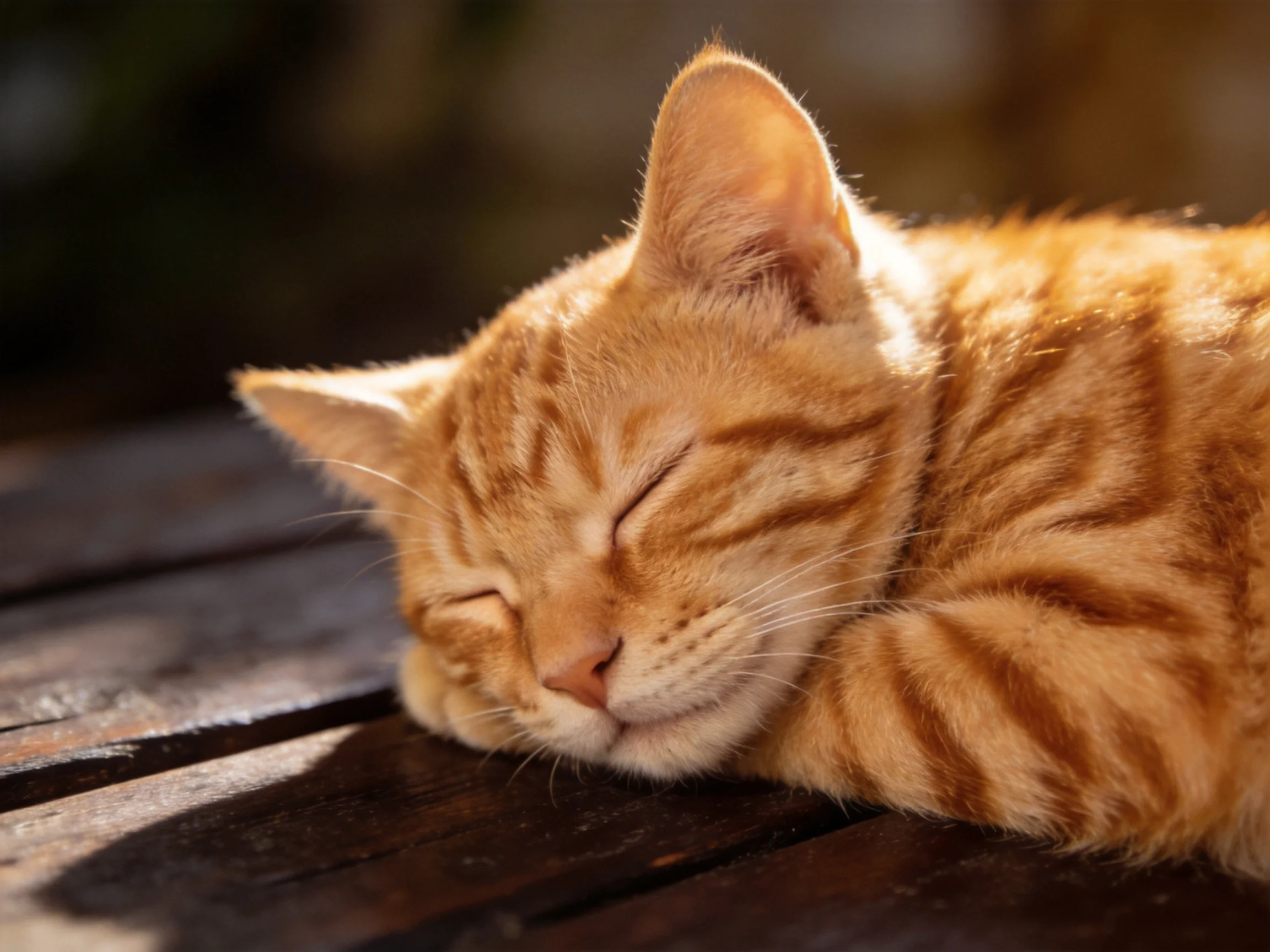 A small orange tabby kitten sleeps on a wooden slatted surface