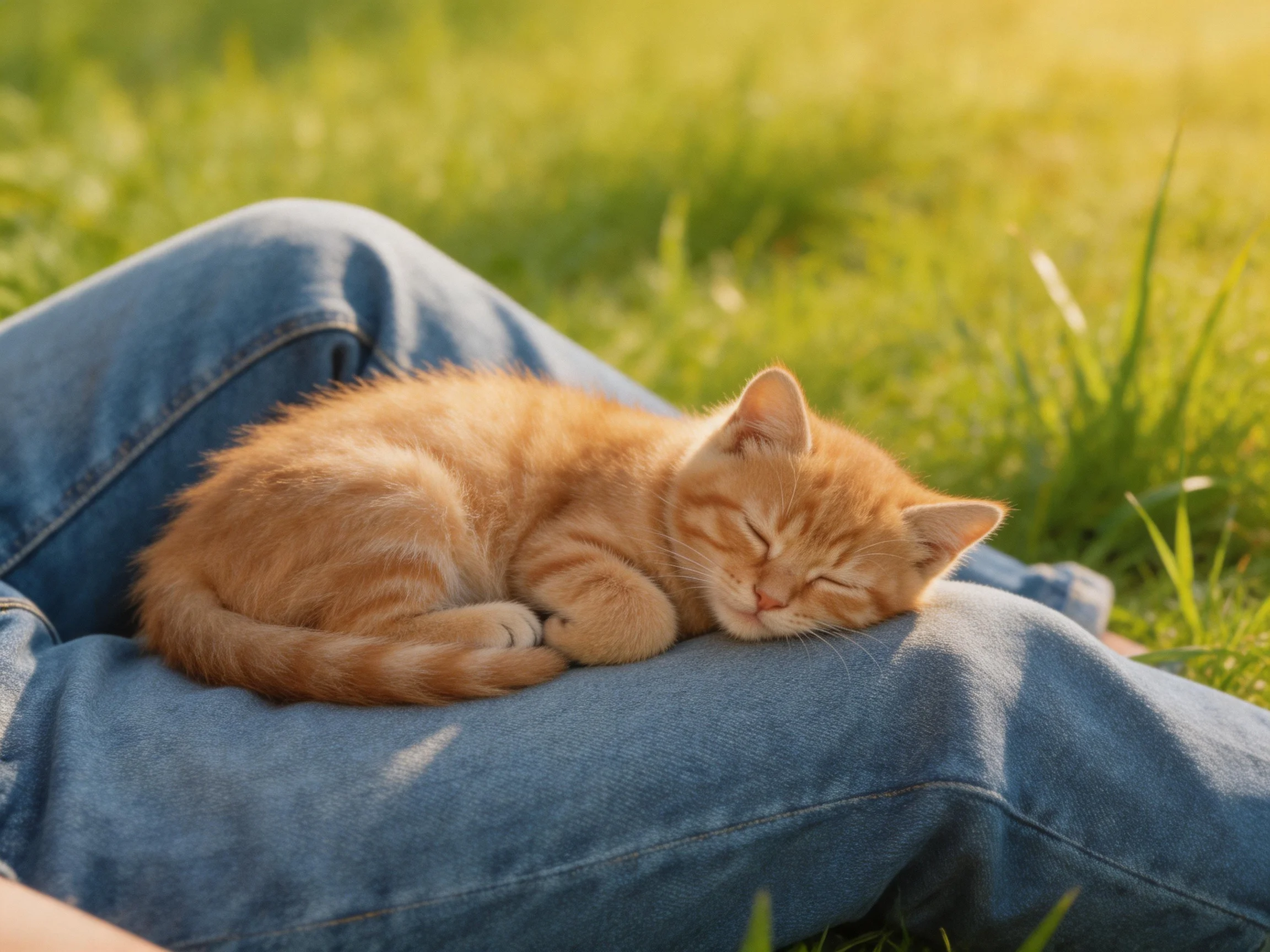 A small orange tabby kitten sleeps on blue denim jeans in a sunlit meadow