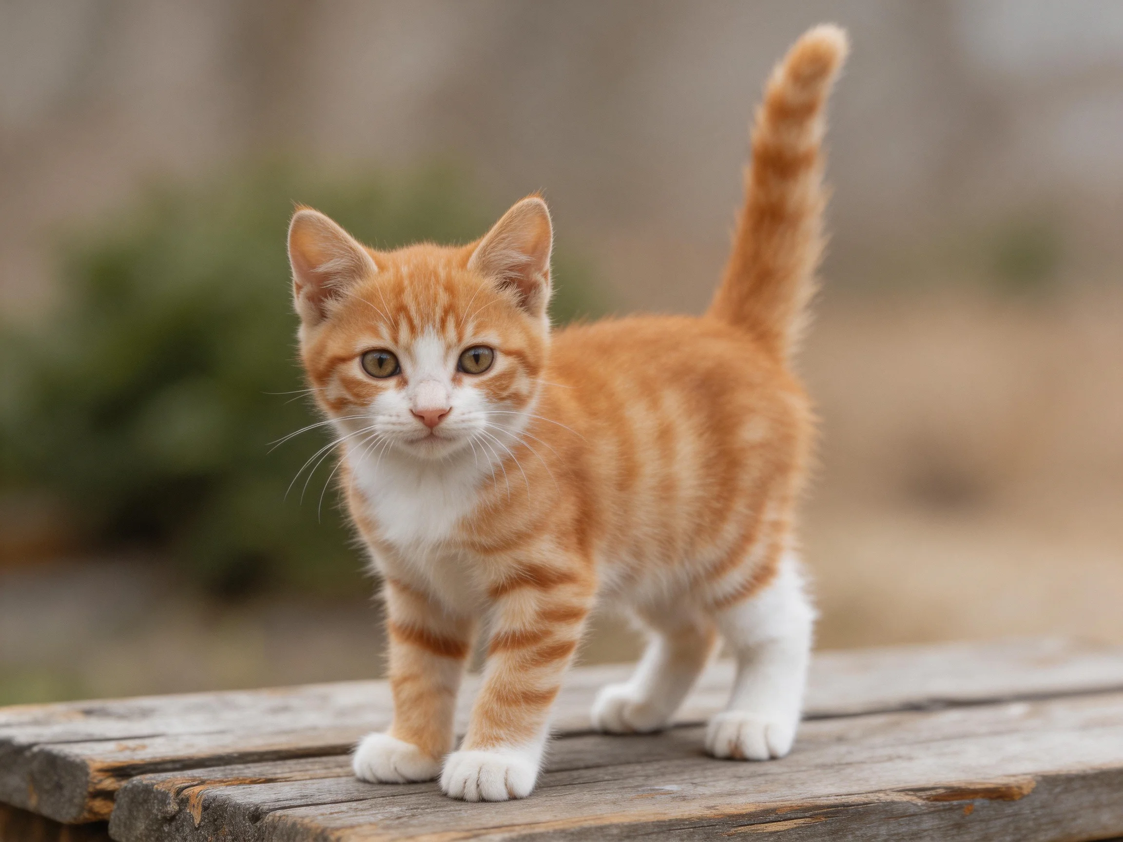 An orange tabby kitten stands on a weathered wooden surface outdoors.
