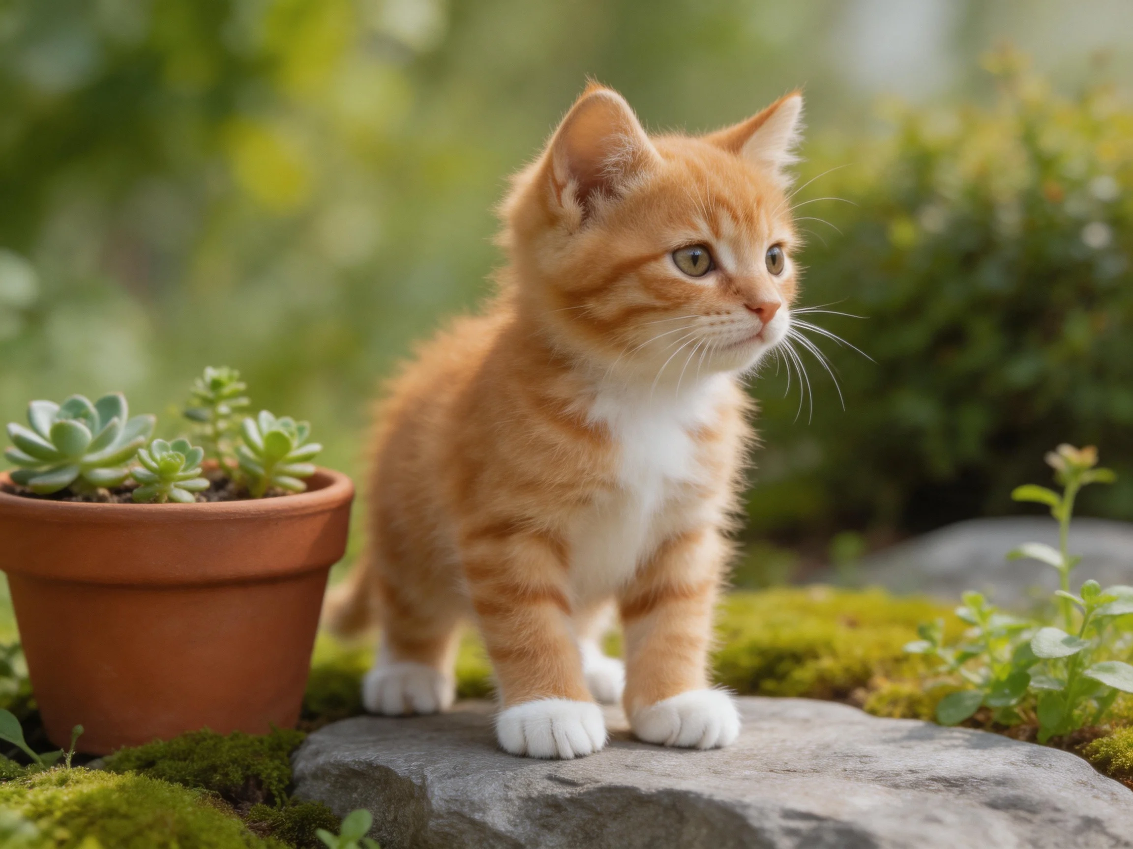 An orange tabby kitten stands next to a terracotta pot of succulents in a lush garden.