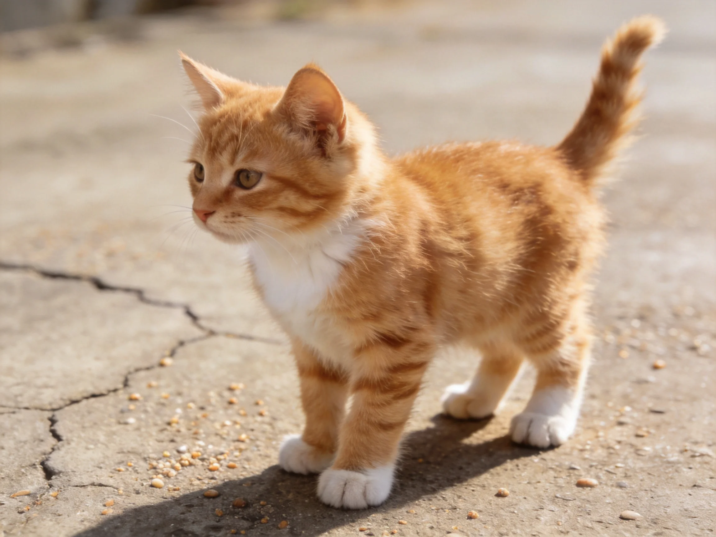 A small orange tabby kitten stands on cracked concrete pavement