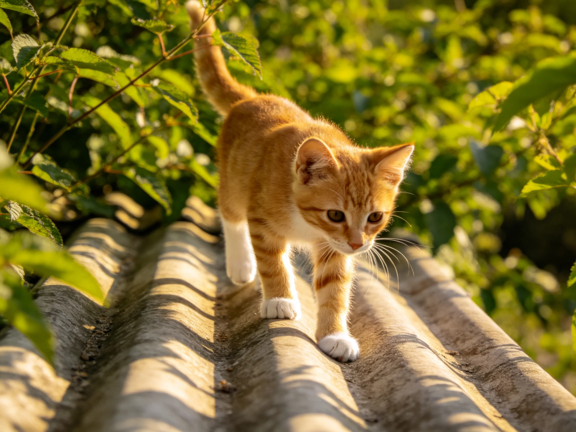 A small orange tabby kitten carefully walks on a textured roof near dense green plants.