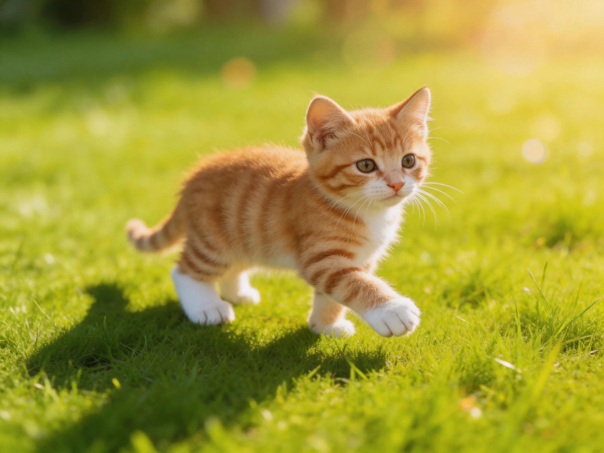 A small orange tabby kitten walking on lush green grass