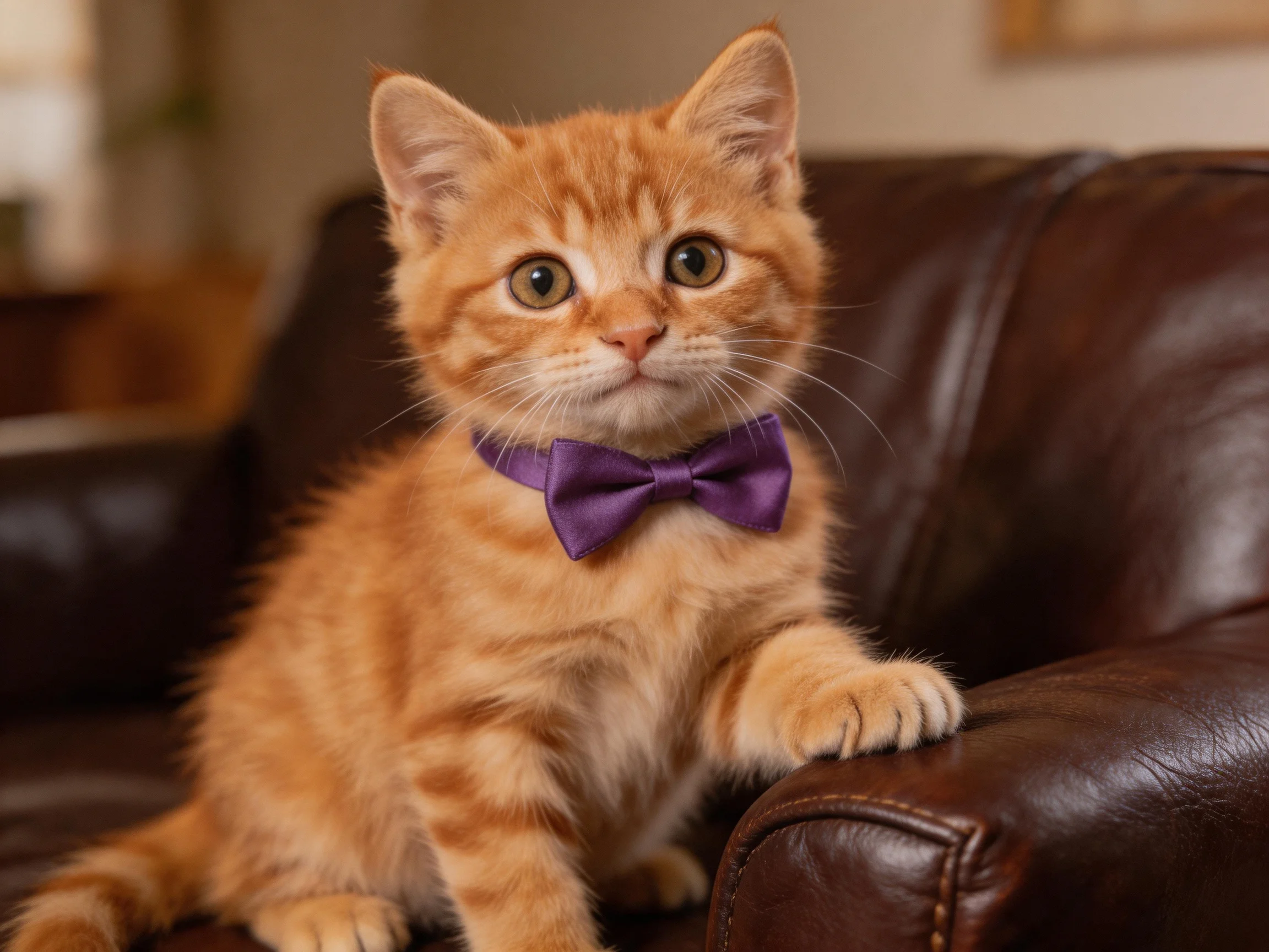 An orange tabby kitten with a purple bow tie sits on a brown leather couch.