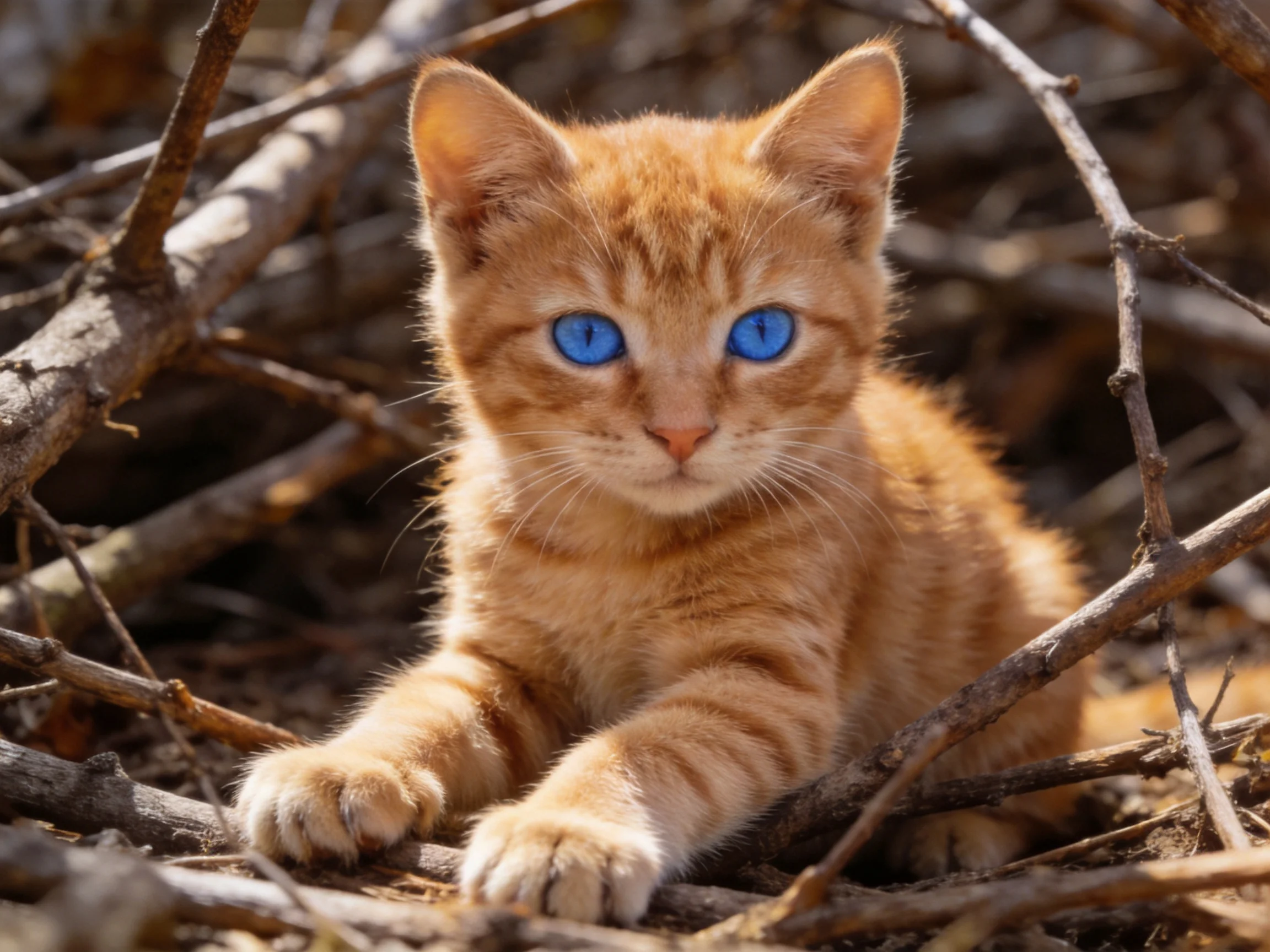 An orange tabby kitten with blue eyes sits among branches.