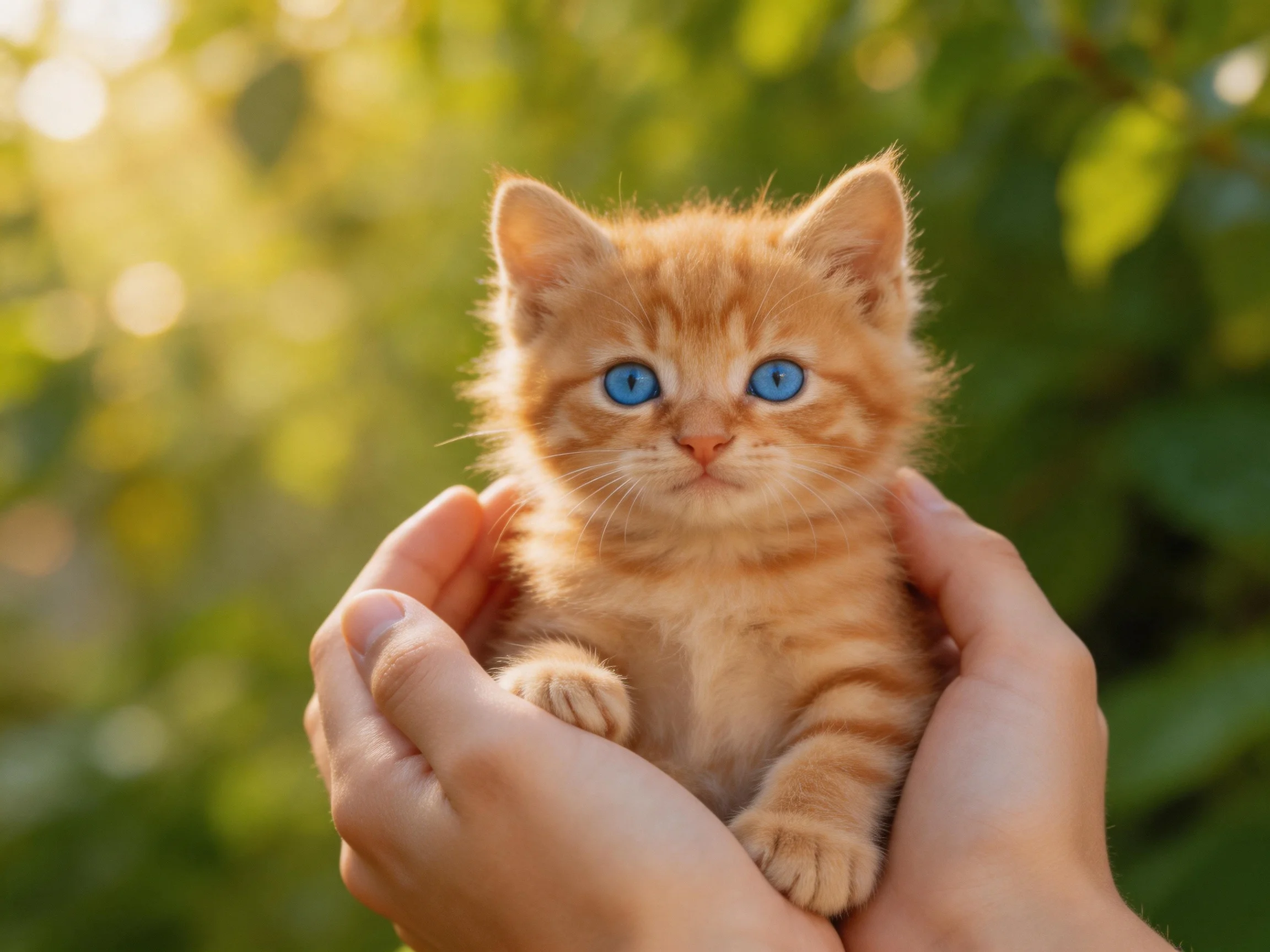 A small orange tabby kitten with bright blue eyes is gently held in human hands among greenery.
