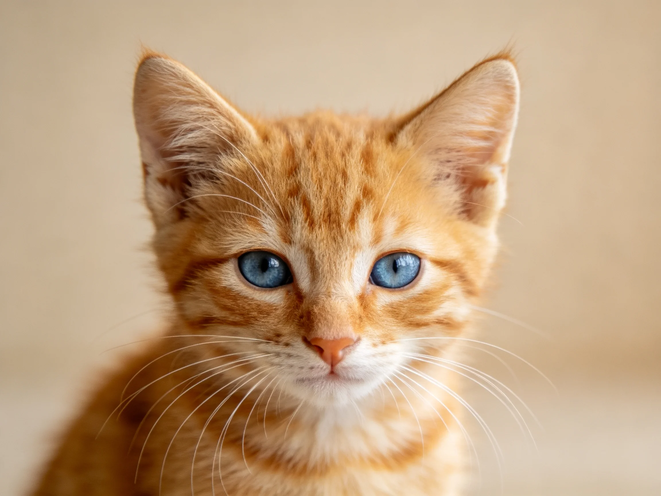 A small orange tabby kitten with blue eyes rests against a neutral backdrop.