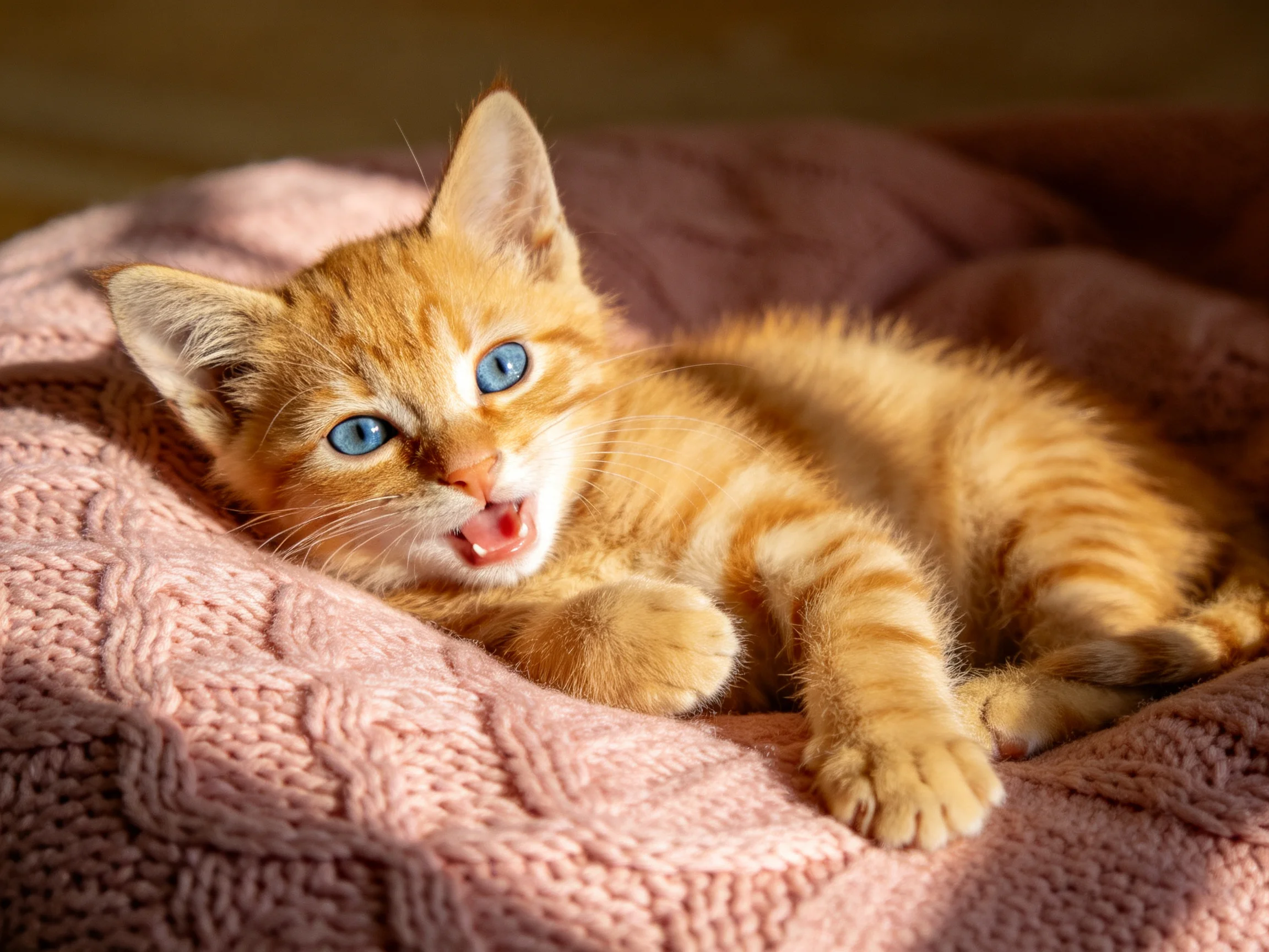 A small orange tabby kitten with bright blue eyes relaxes on a pink blanket.