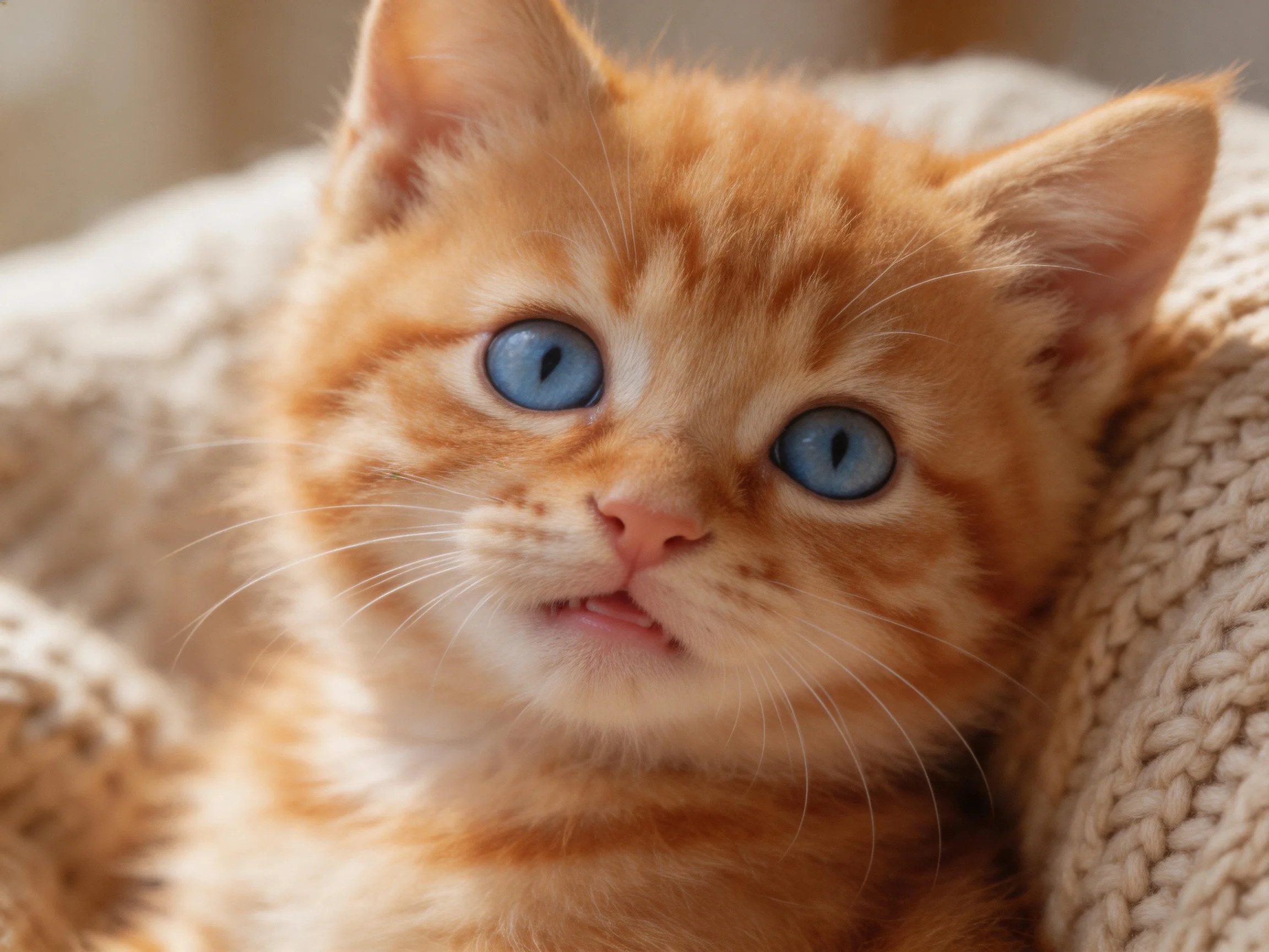 An orange tabby kitten with vivid blue eyes relaxes on a soft, woven blanket.