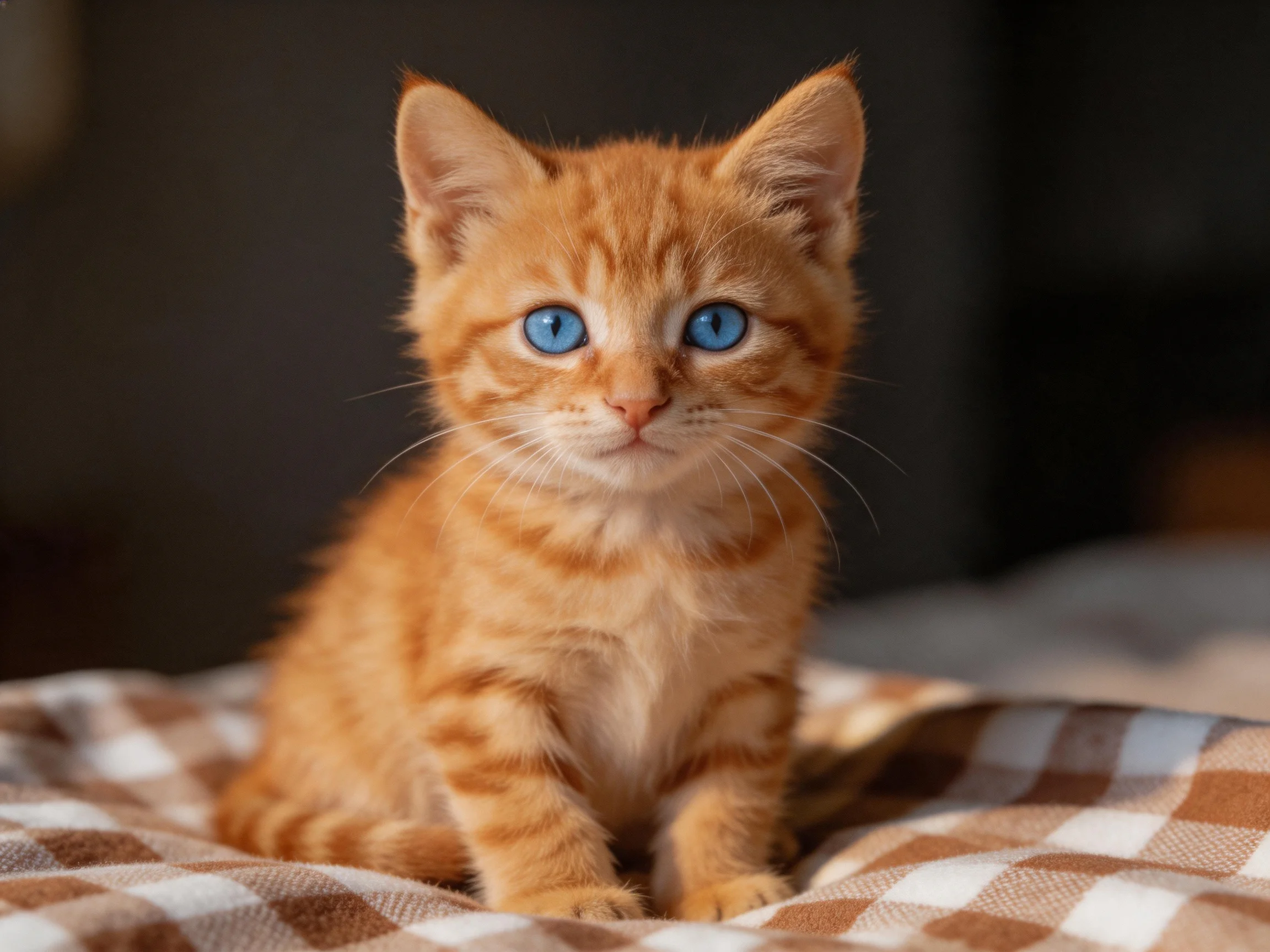 An orange tabby kitten with blue eyes rests on a checkered cloth.