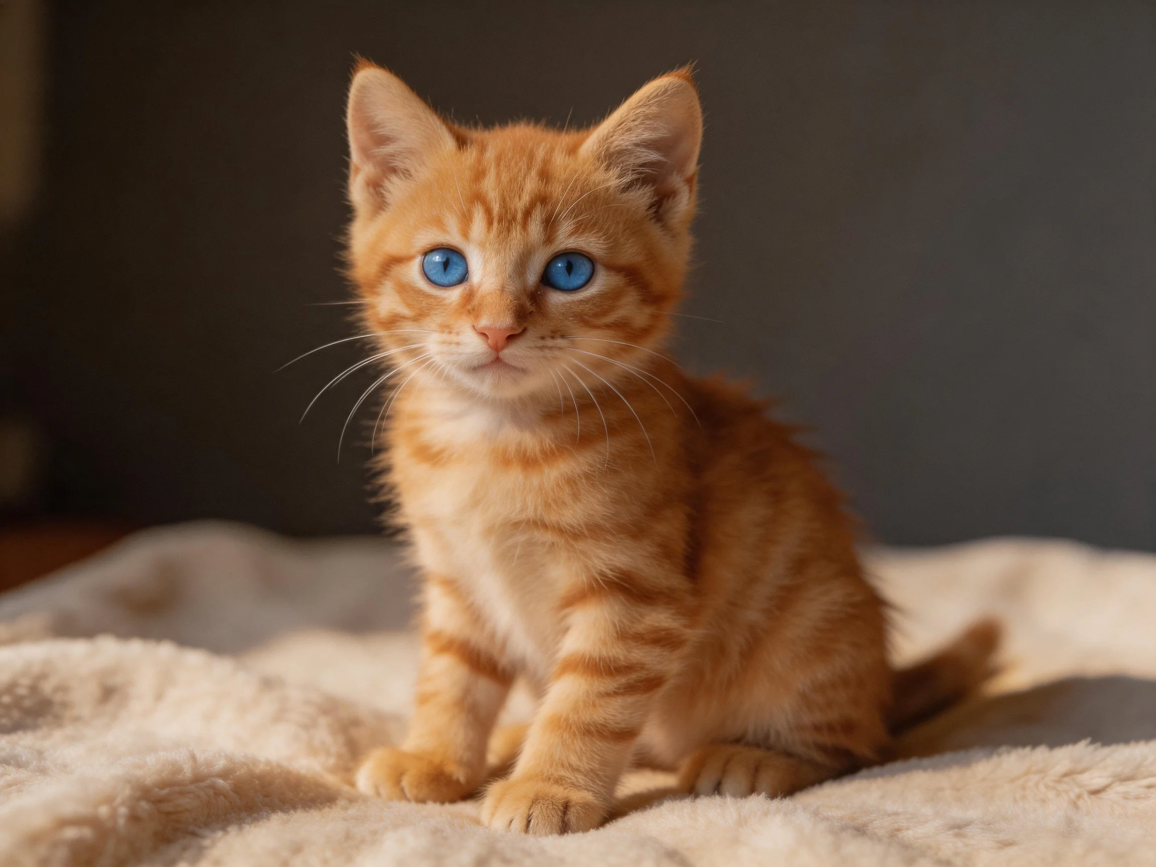 An orange tabby kitten with blue eyes sits calmly on a soft blanket.