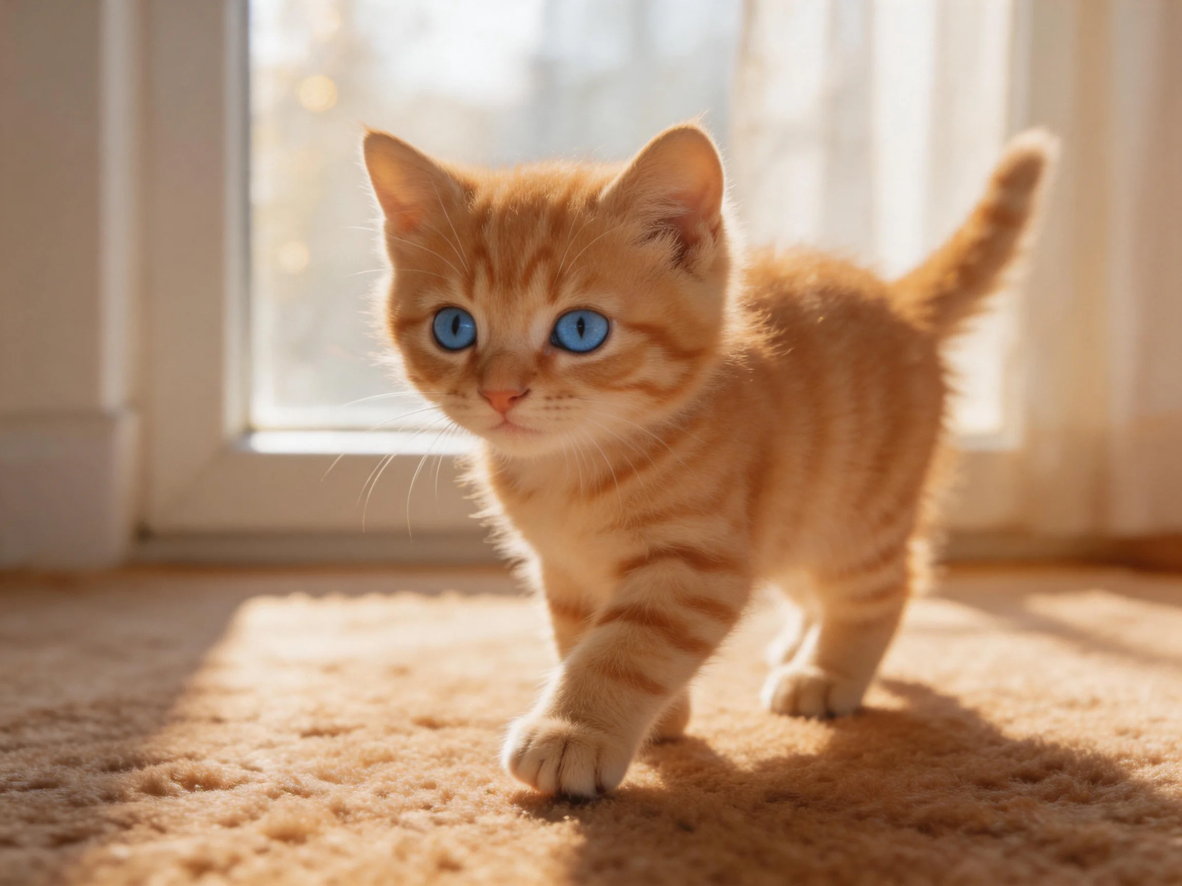 An orange tabby kitten with blue eyes walks near a sunlit window.