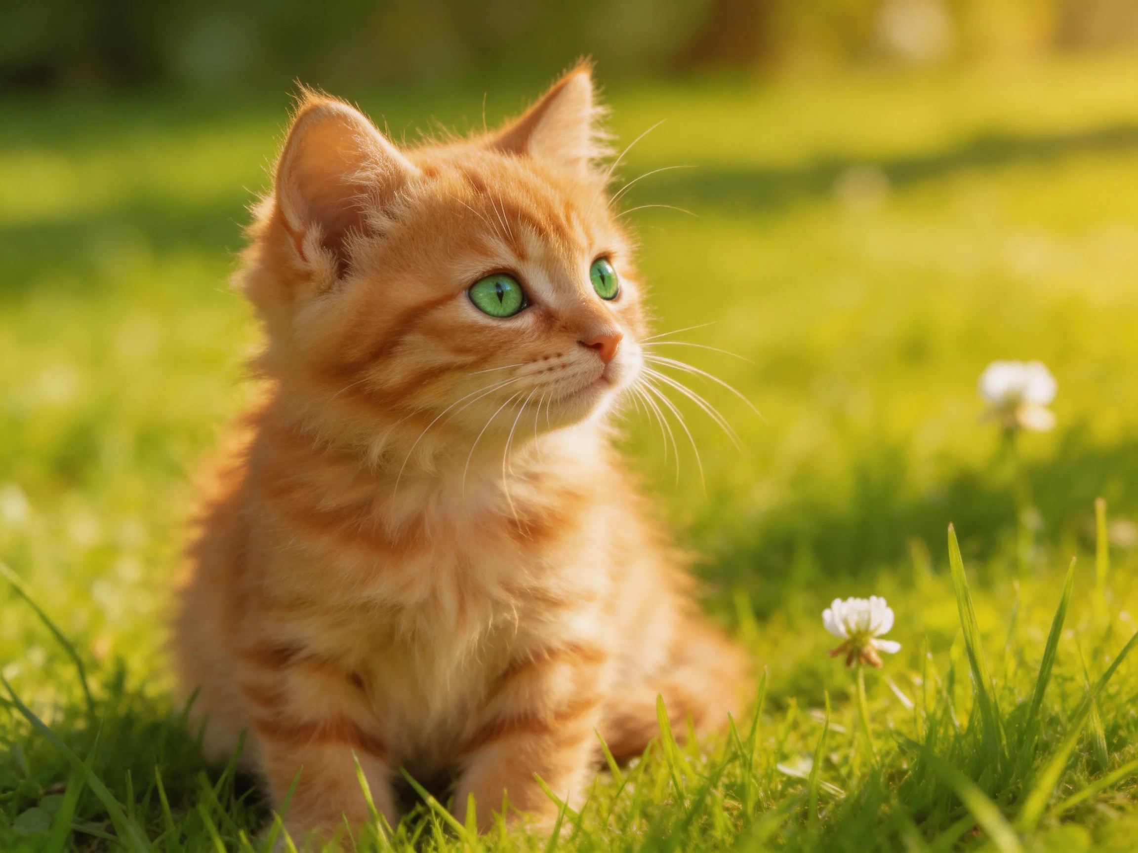 An orange tabby kitten with green eyes rests peacefully on vibrant grass.