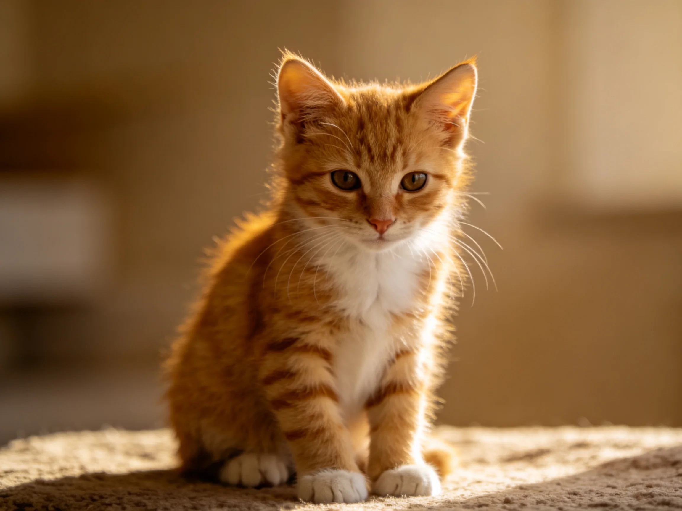 An orange tabby kitten sits calmly on a carpeted surface lit by warm sunlight.
