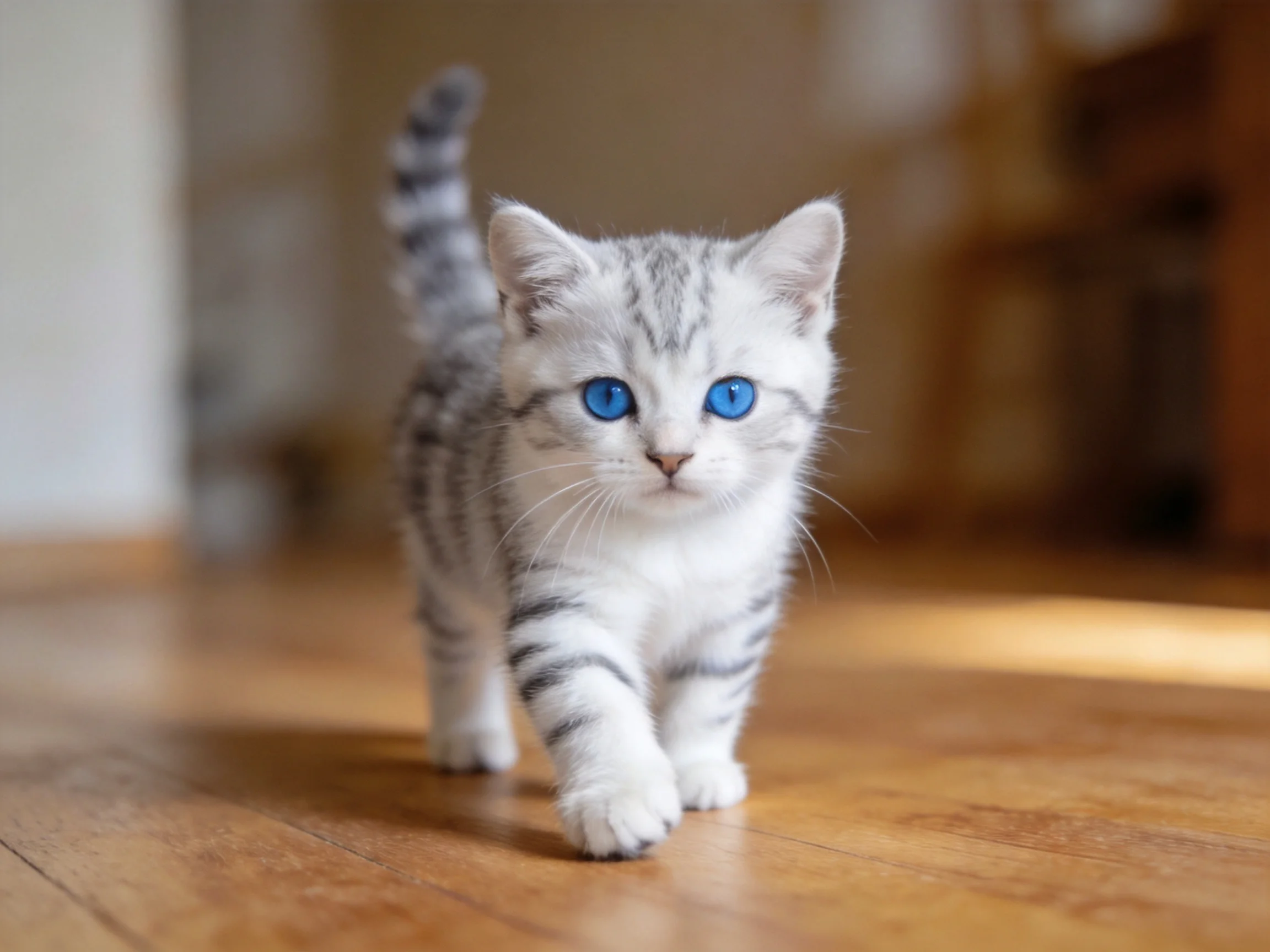 A small silver tabby kitten with bright blue eyes walks on a wooden floor.