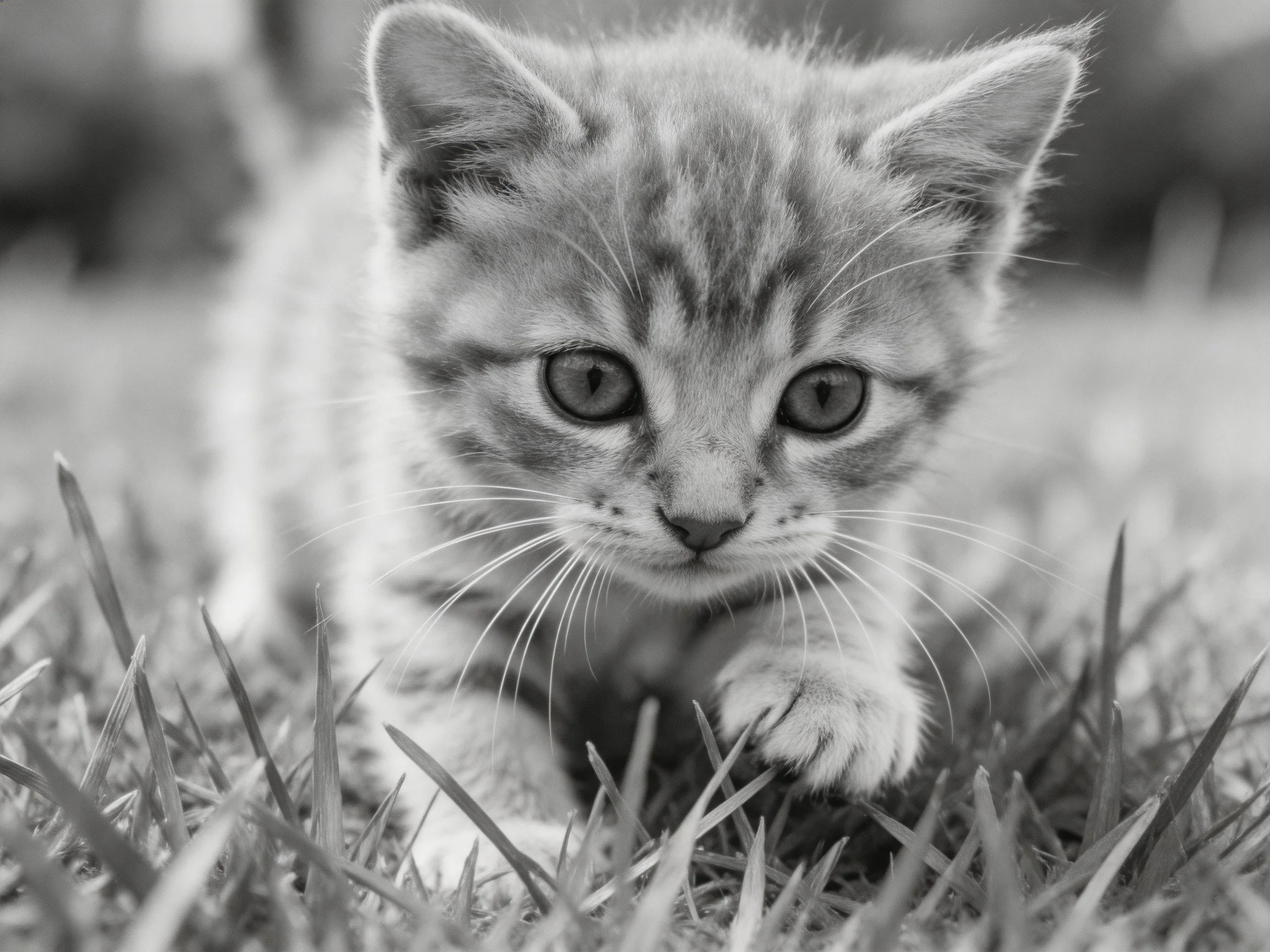 A small striped kitten explores tall grass in an outdoor setting.