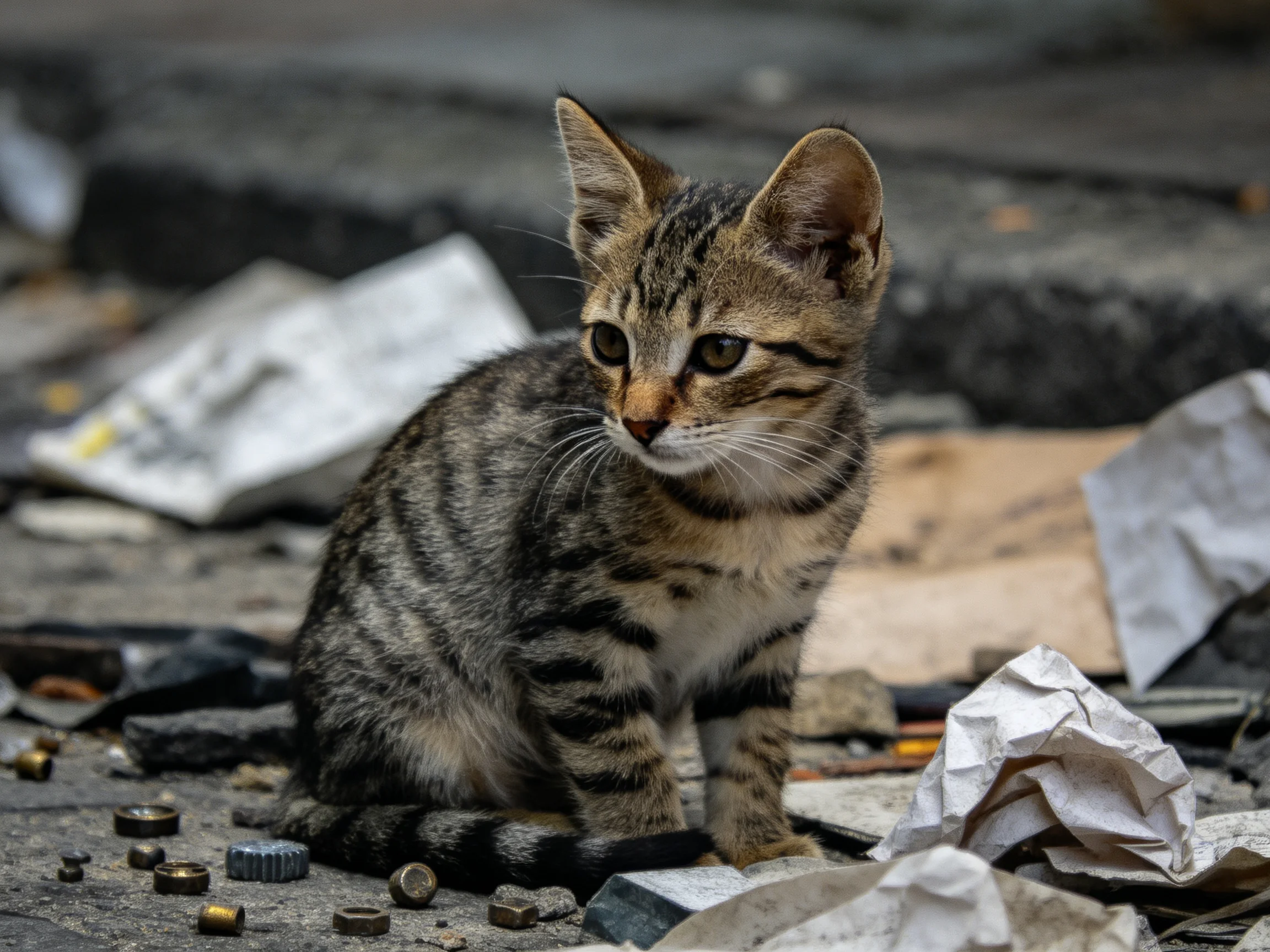 A small tabby kitten amid scattered litter and broken items