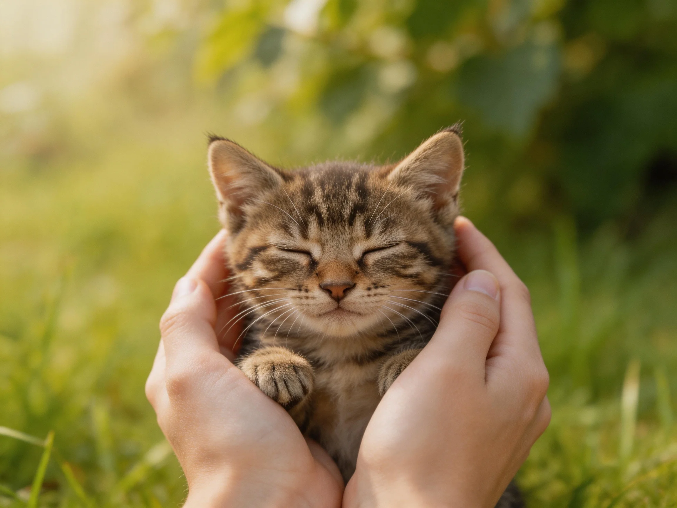 A small tabby kitten cradled in cupped hands amid lush green grass