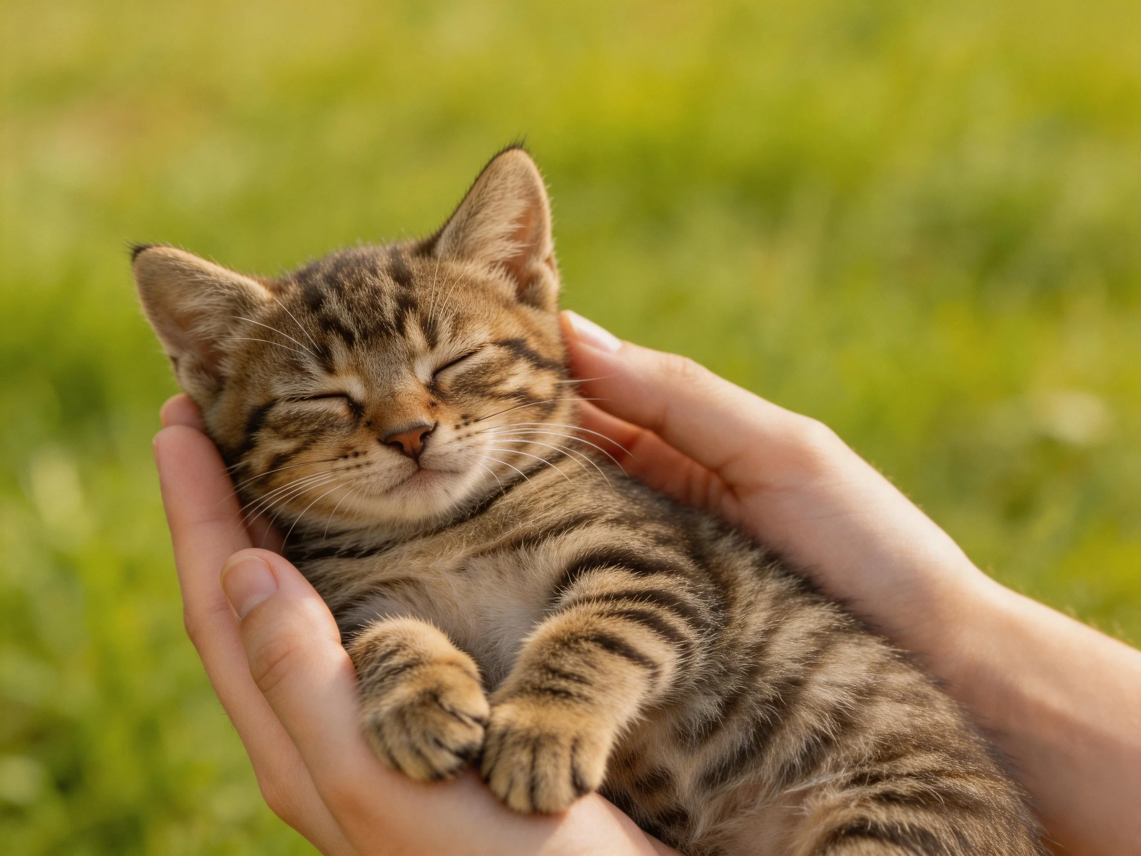 A small tabby kitten cradled in human hands outdoors