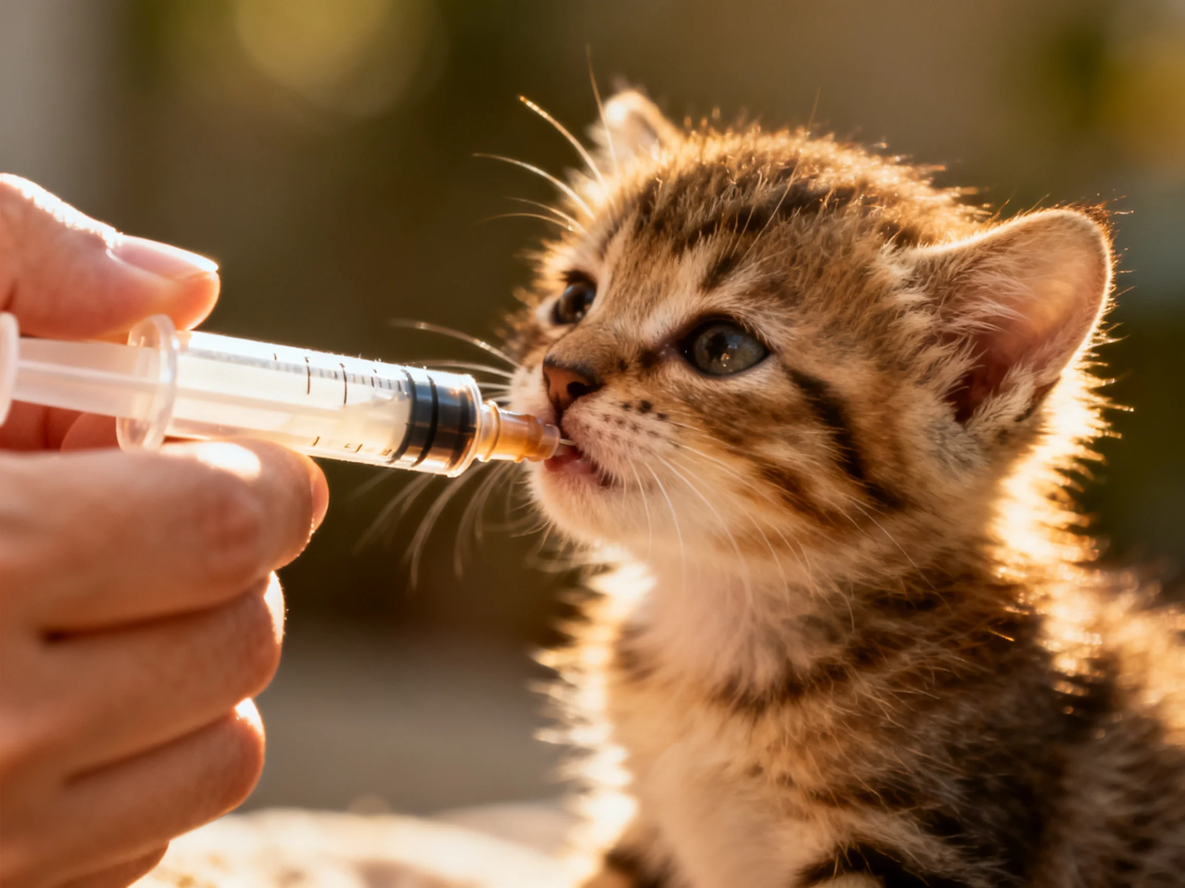 A small tabby kitten drinks from a clear syringe in an outdoor setting.