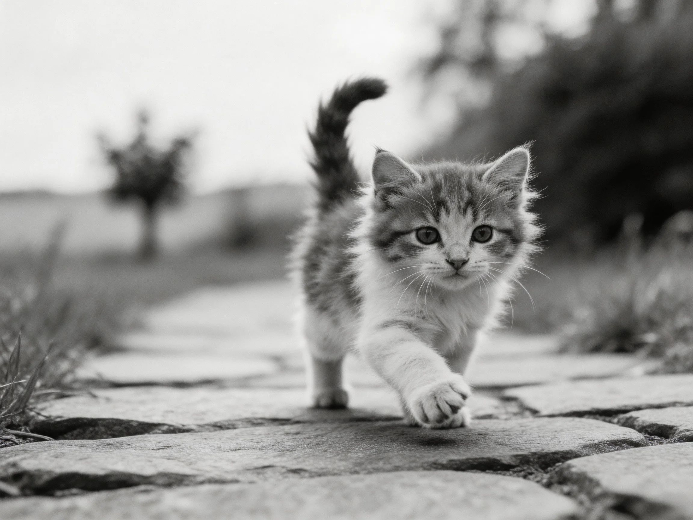 A small tabby kitten exploring a cobblestone path in monochrome