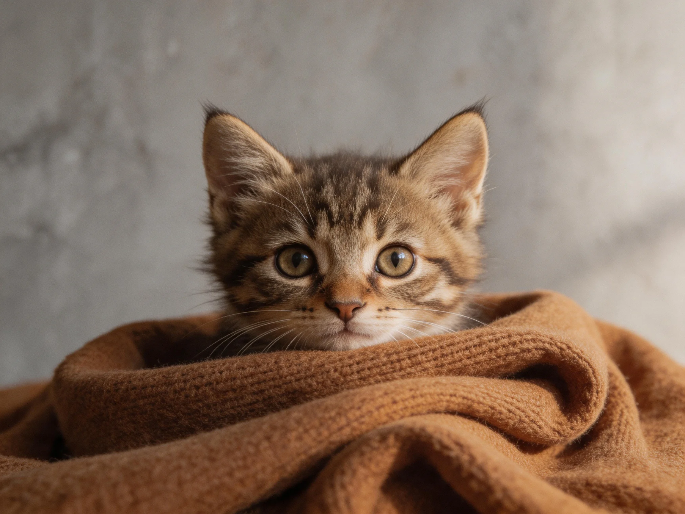 A small tabby kitten peeks from a brown blanket near a gray wall