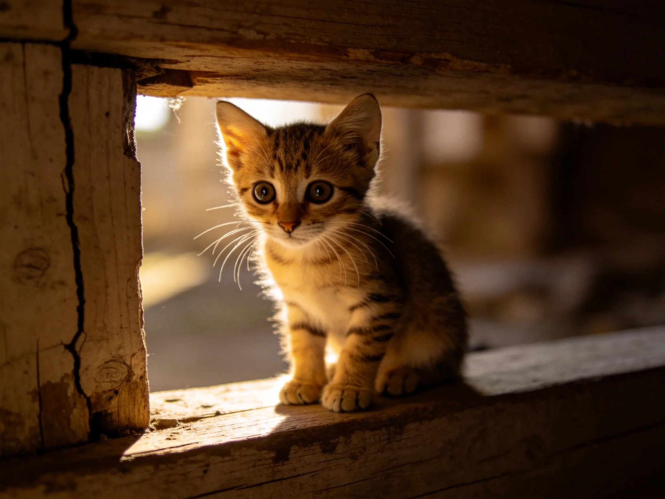A small tabby kitten sits in a sunlit wooden opening.