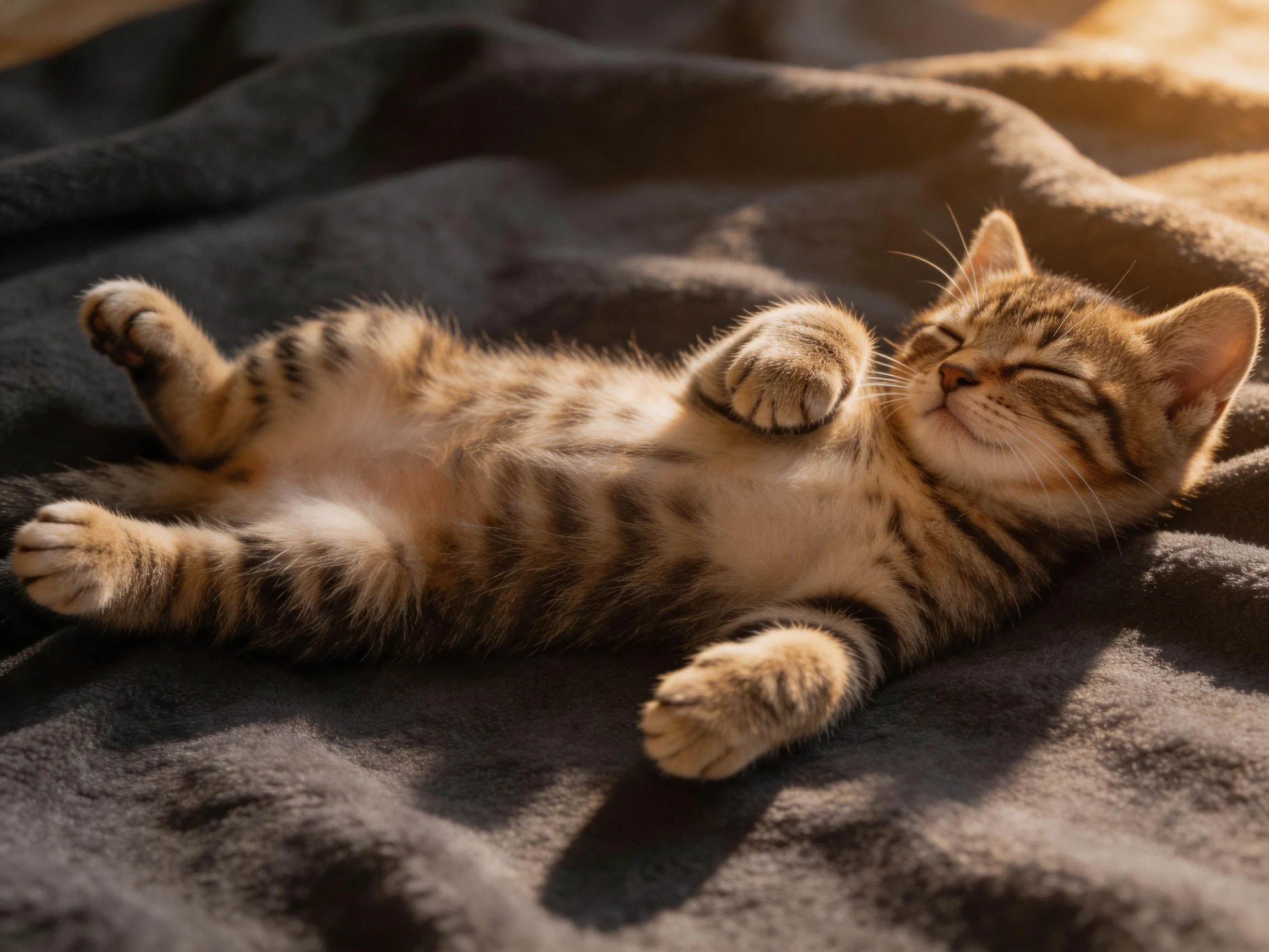 A small tabby kitten relaxes on a dark gray blanket in warm sunlight