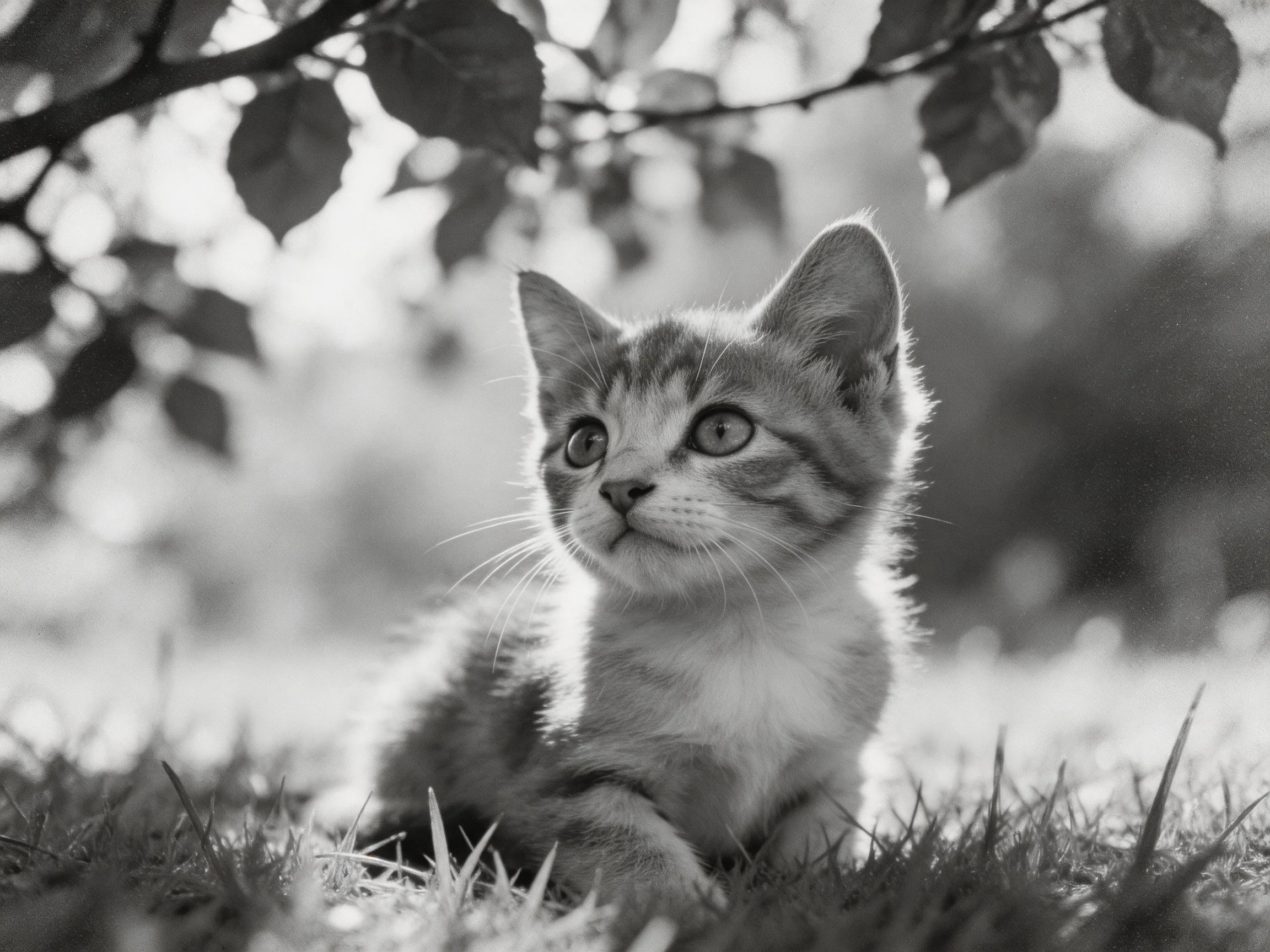A small tabby kitten sits calmly in grass beneath leafy branches.