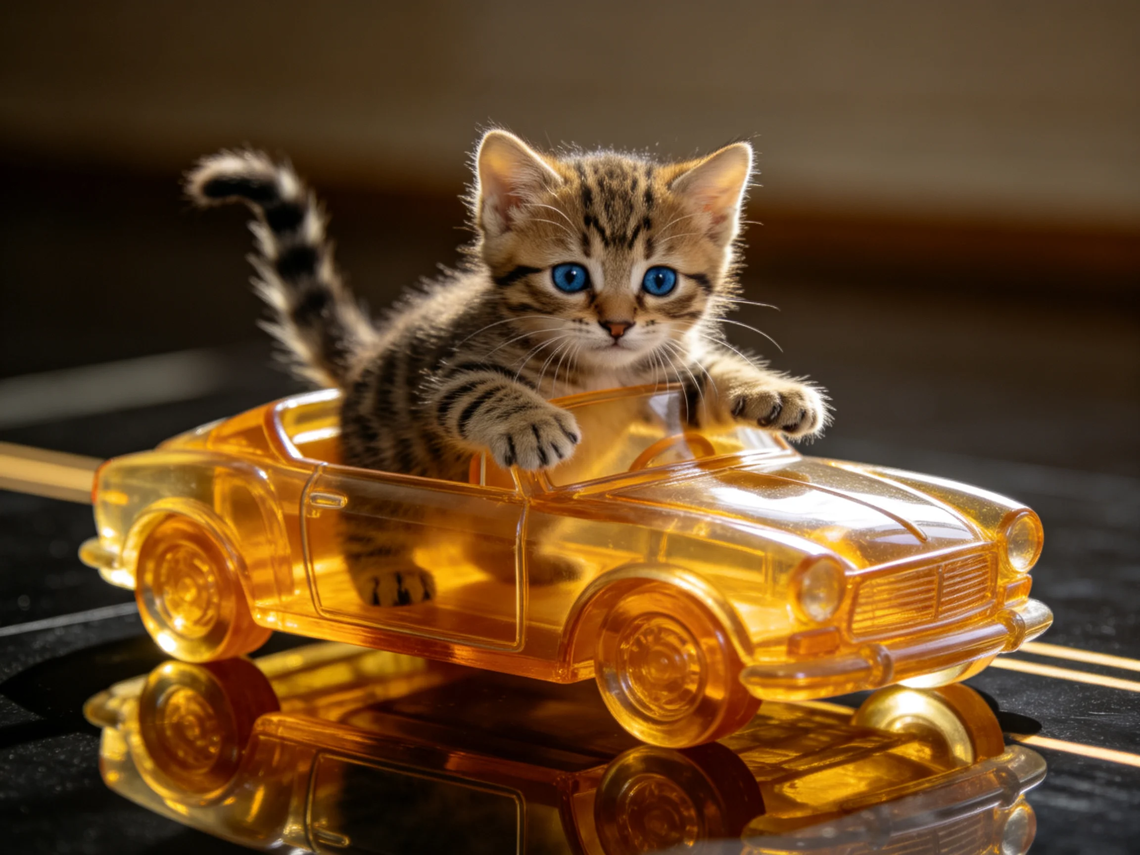 A small tabby kitten rides in a translucent amber toy car.