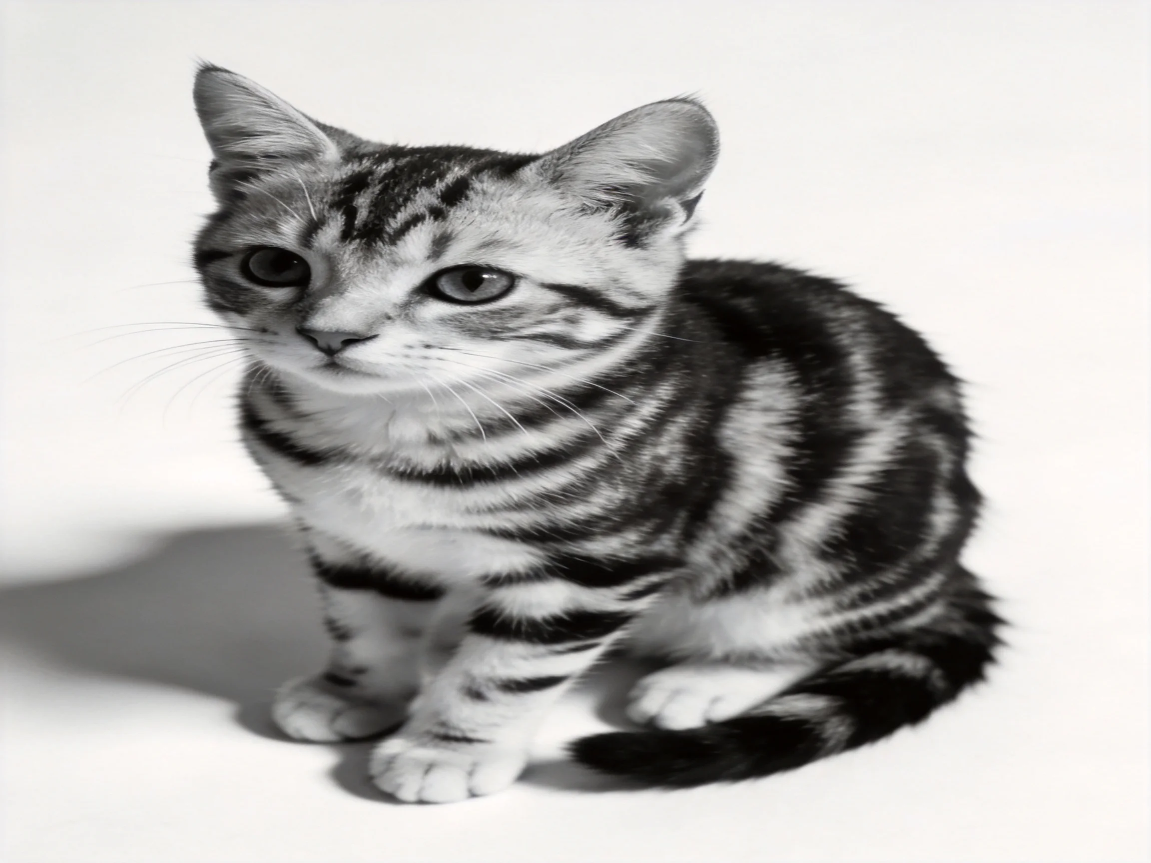 A small tabby kitten sits against a stark white backdrop