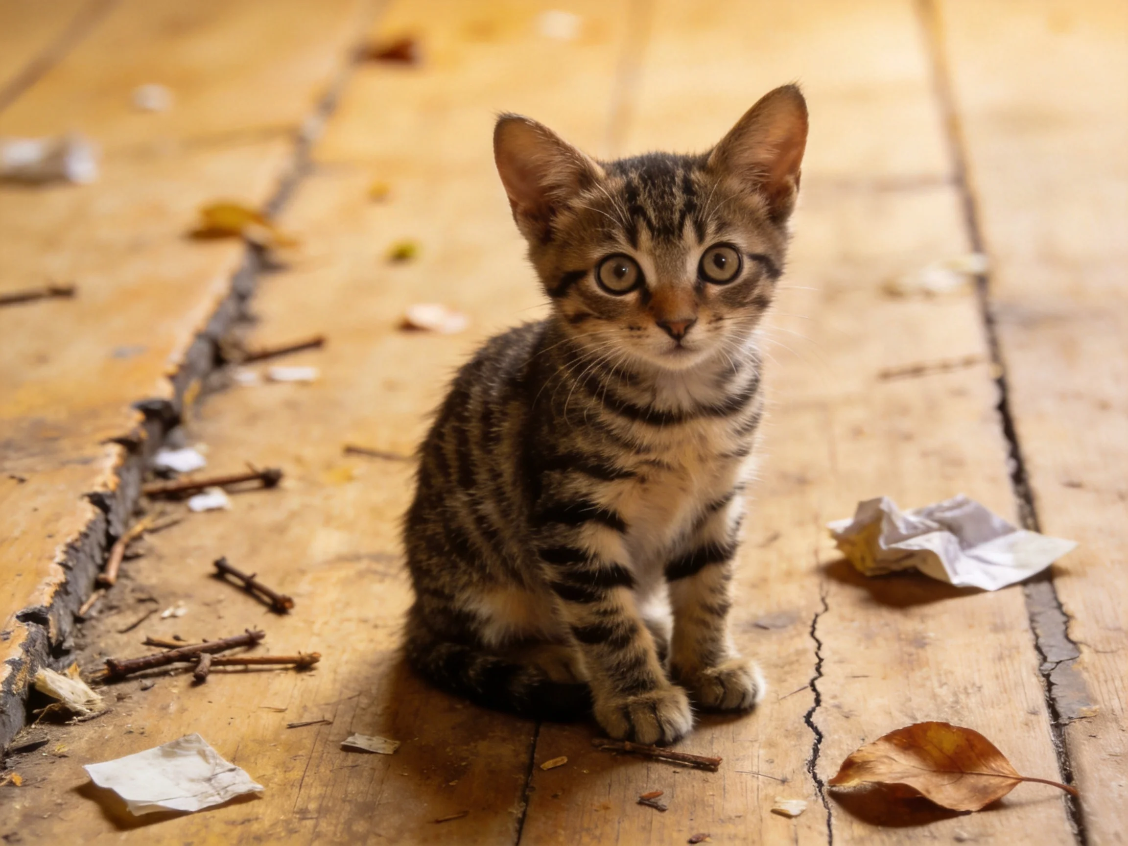 A small tabby kitten sits on aged wooden flooring with scattered debris.