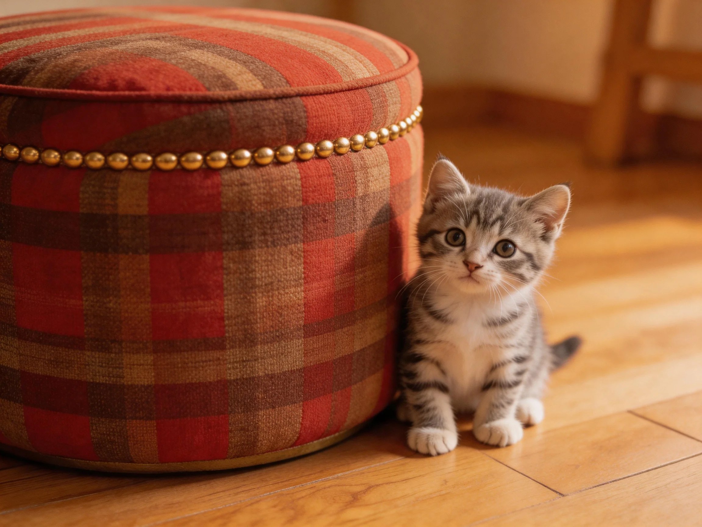 A small tabby kitten sits beside a large plaid ottoman on a wooden floor.