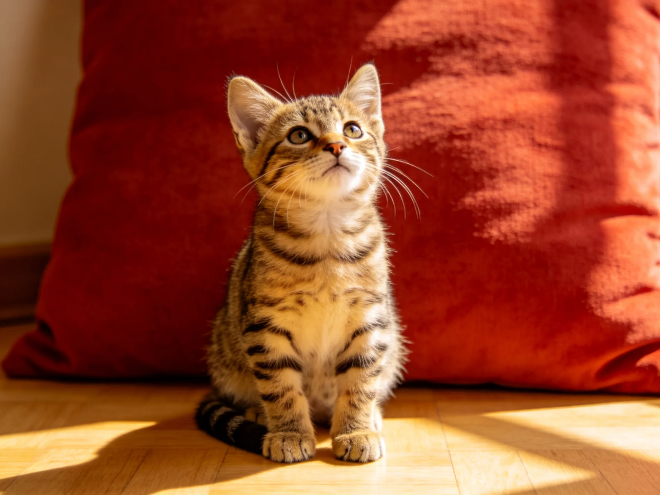 A small tabby kitten sits next to a large red cushion in a sunlit space