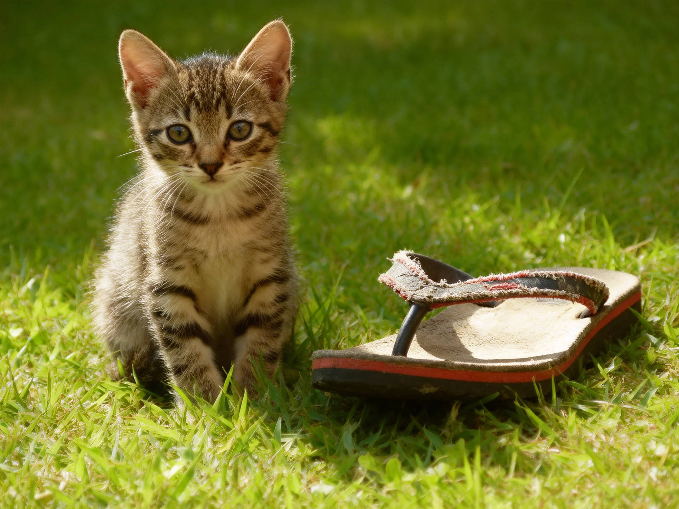 A small tabby kitten sits beside a worn flip - flop on lush green grass