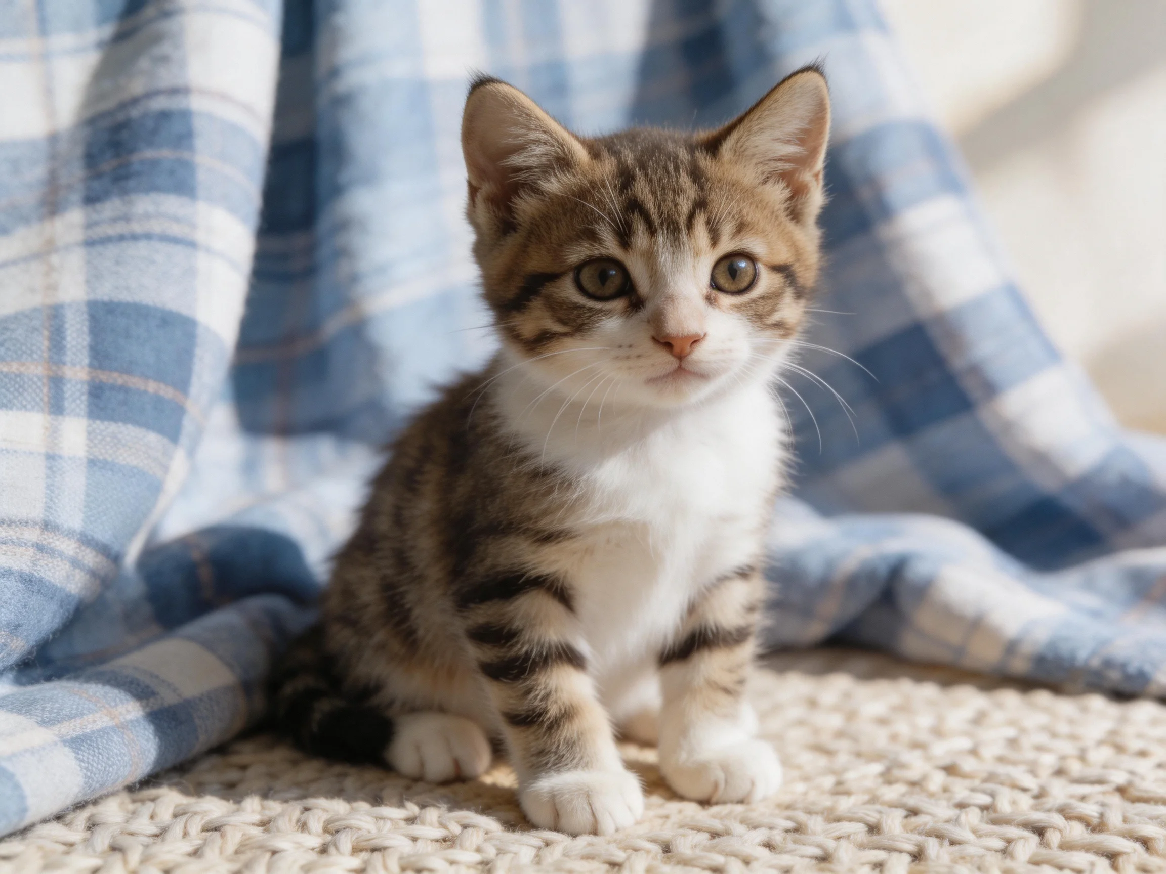 A small tabby kitten sits near a blue plaid blanket on a textured rug.