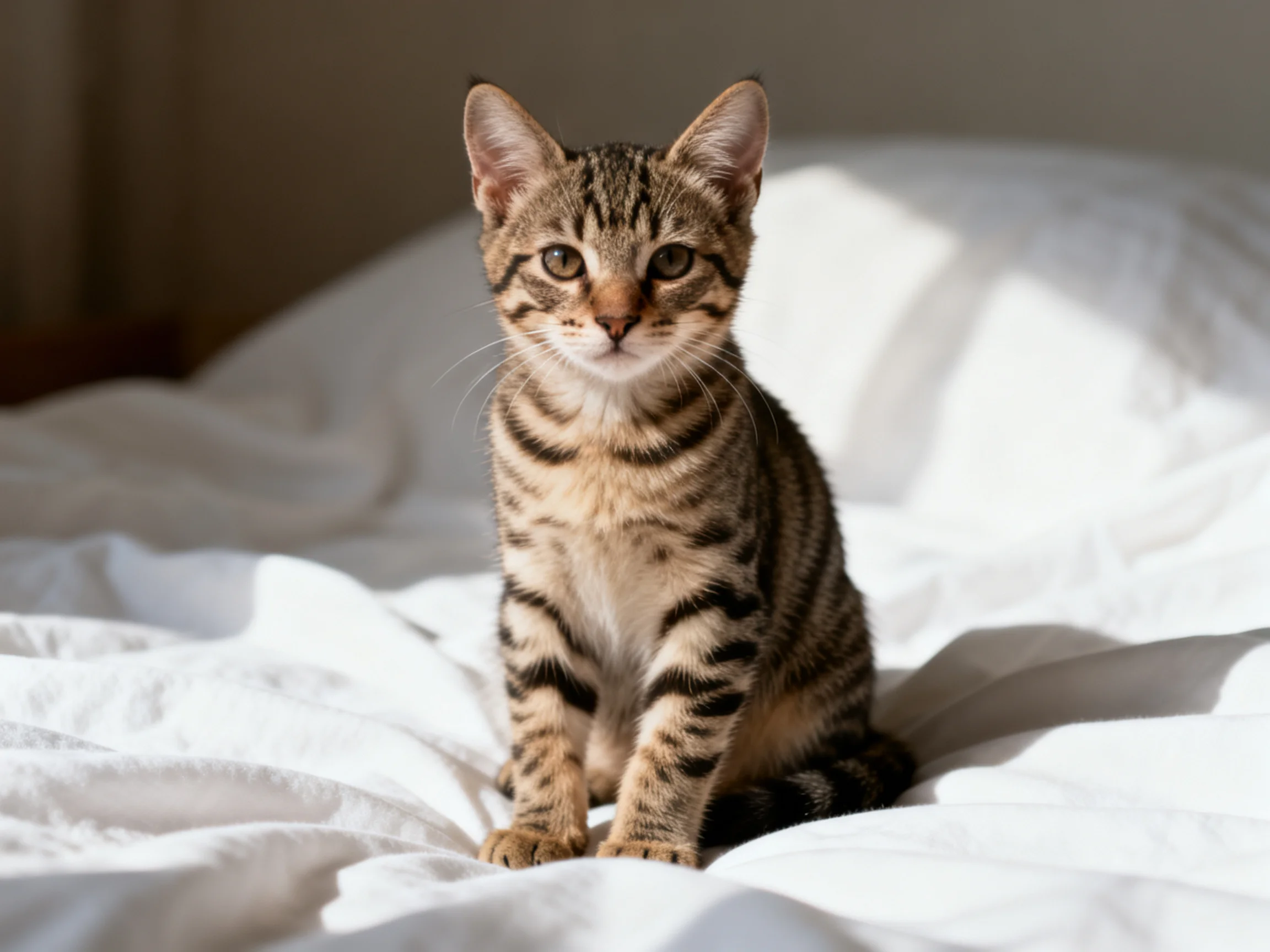 A small tabby kitten sits calmly on a white bedspread in a softly lit room.