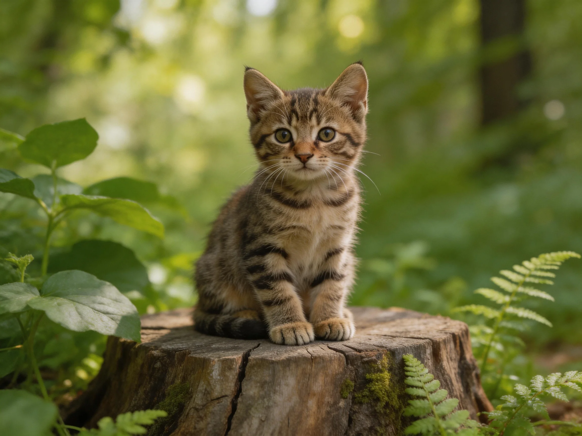 A small tabby kitten sits on a mossy tree stump in a lush green forest
