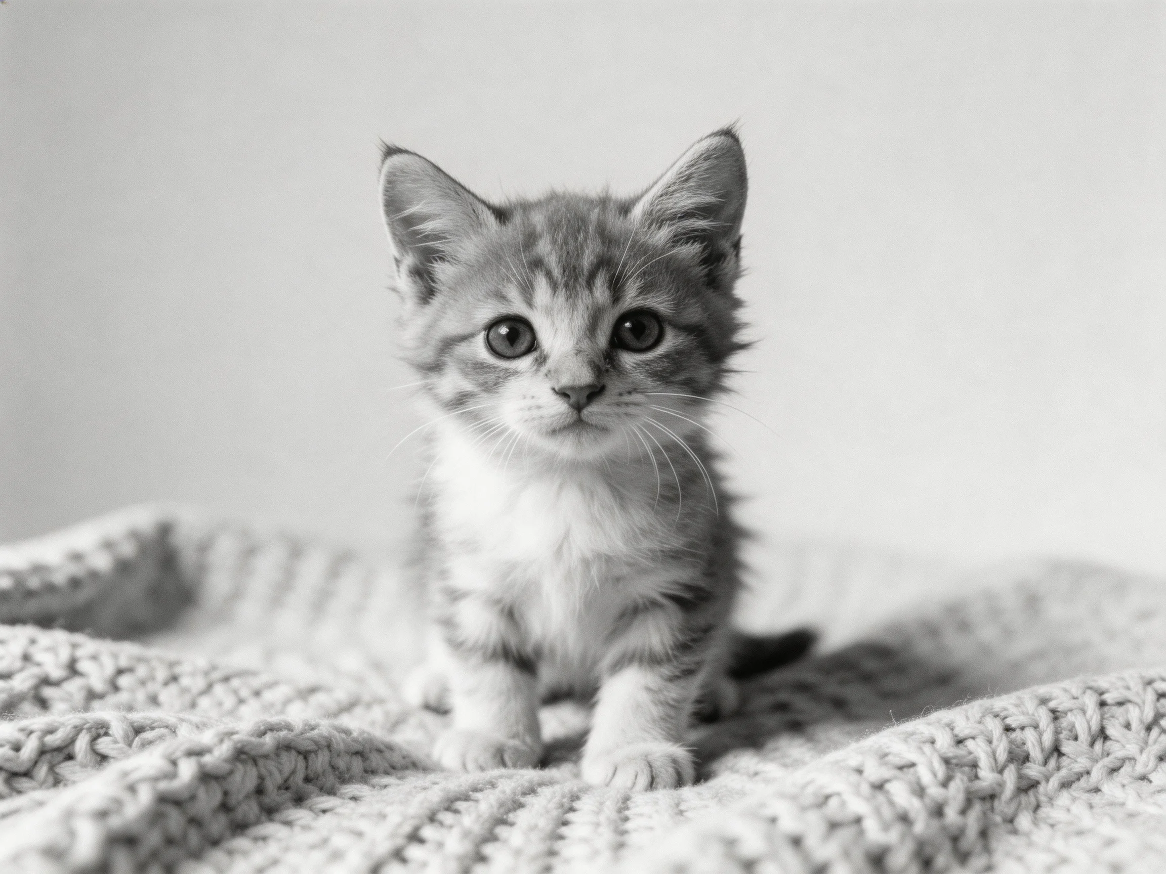 A small tabby kitten sits on a textured knitted blanket