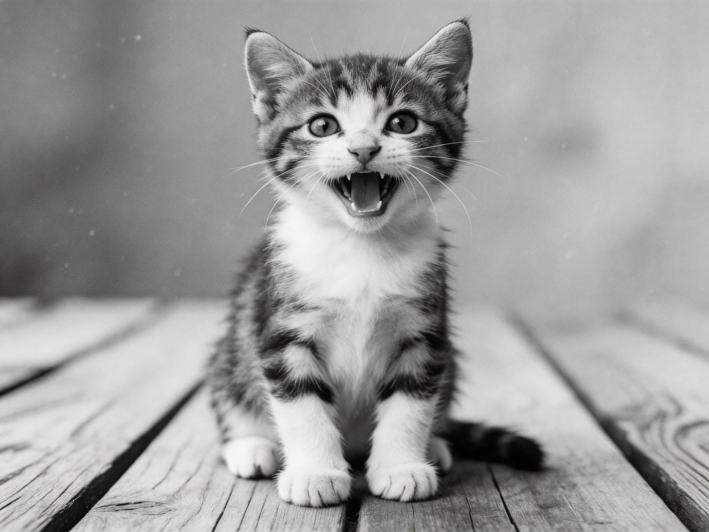 A small tabby kitten sits on weathered wooden planks